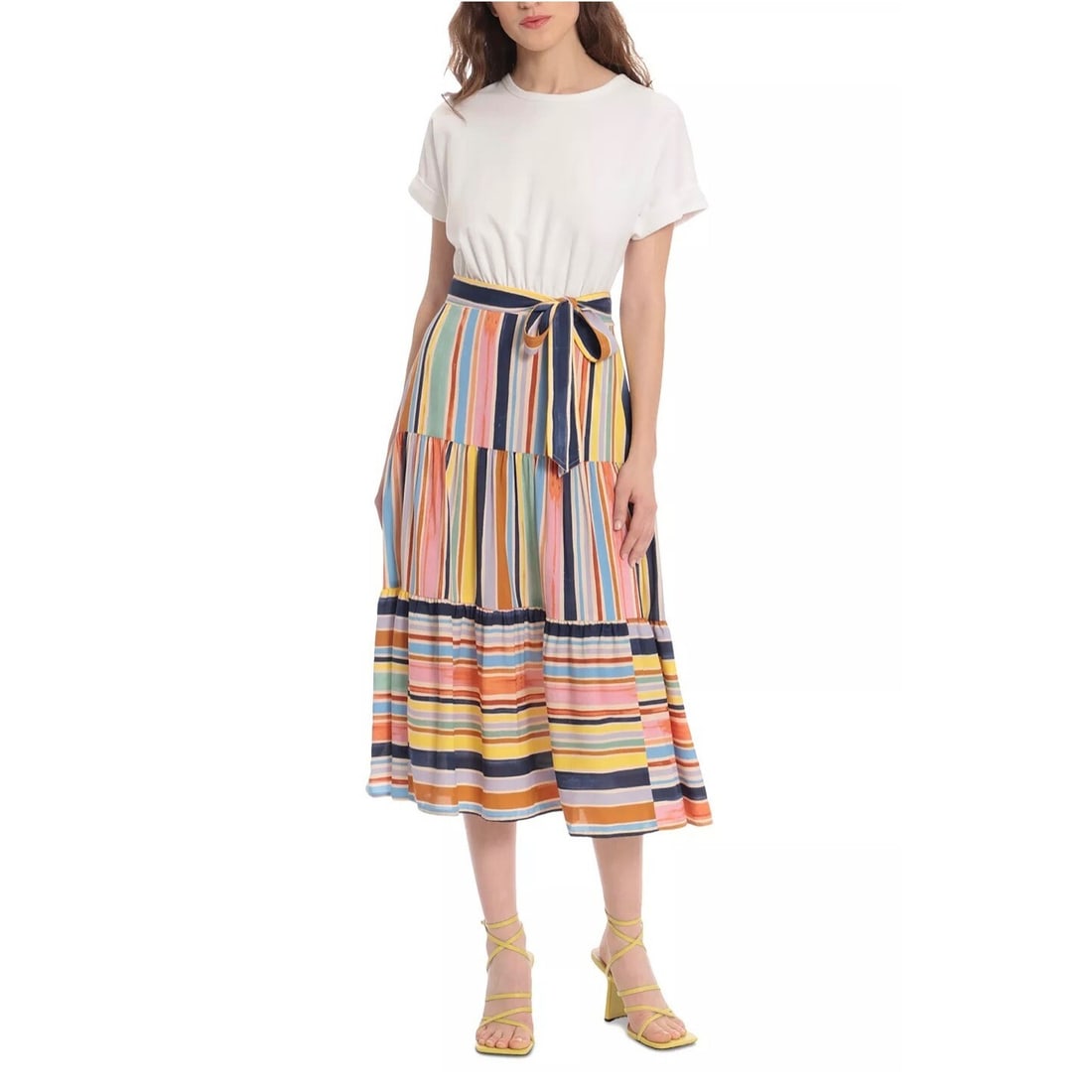 Donna Morgan A-Line Midi Dress Size 10 Multicolor Striped Skirt: Donna Morgan A-Line Midi Dress Size 10 Multicolor Striped Skirt Elevate your wardrobe with this stylish Donna Morgan Striped-Skirt Midi Dress, perfect for brunch or casual outings. This A-Line dress f