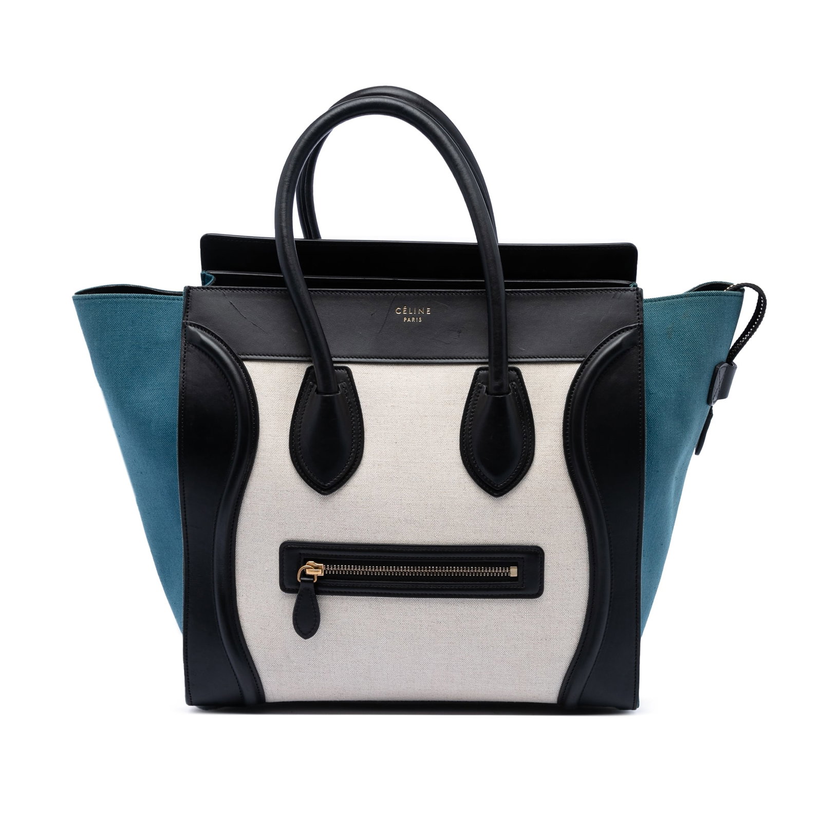 Celine Mini Tricolor Luggage Tote Canvas Leather: Celine Mini Tricolor Luggage Tote Canvas Leather This Celine Mini Tricolor Luggage Tote features a canvas body with leather trim, rolled leather top handles, a top zip closure, and an exterior front z
