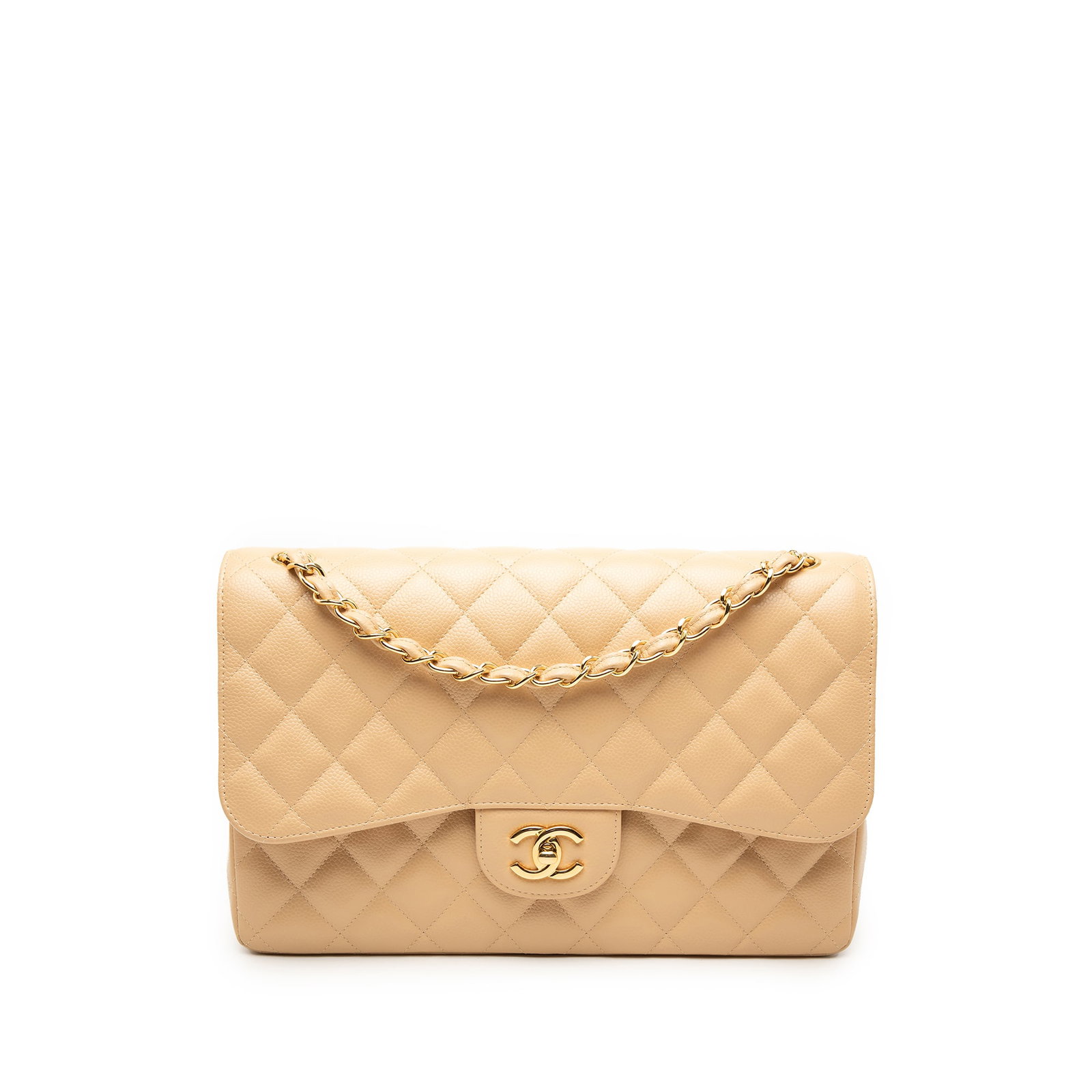 Chanel caviar leather jumbo flap shoulder bag: Chanel caviar leather jumbo flap shoulder bag This Chanel Jumbo Classic Caviar Double Flap shoulder bag features a quilted caviar leather exterior in beige, complemented by leather-woven chain straps 