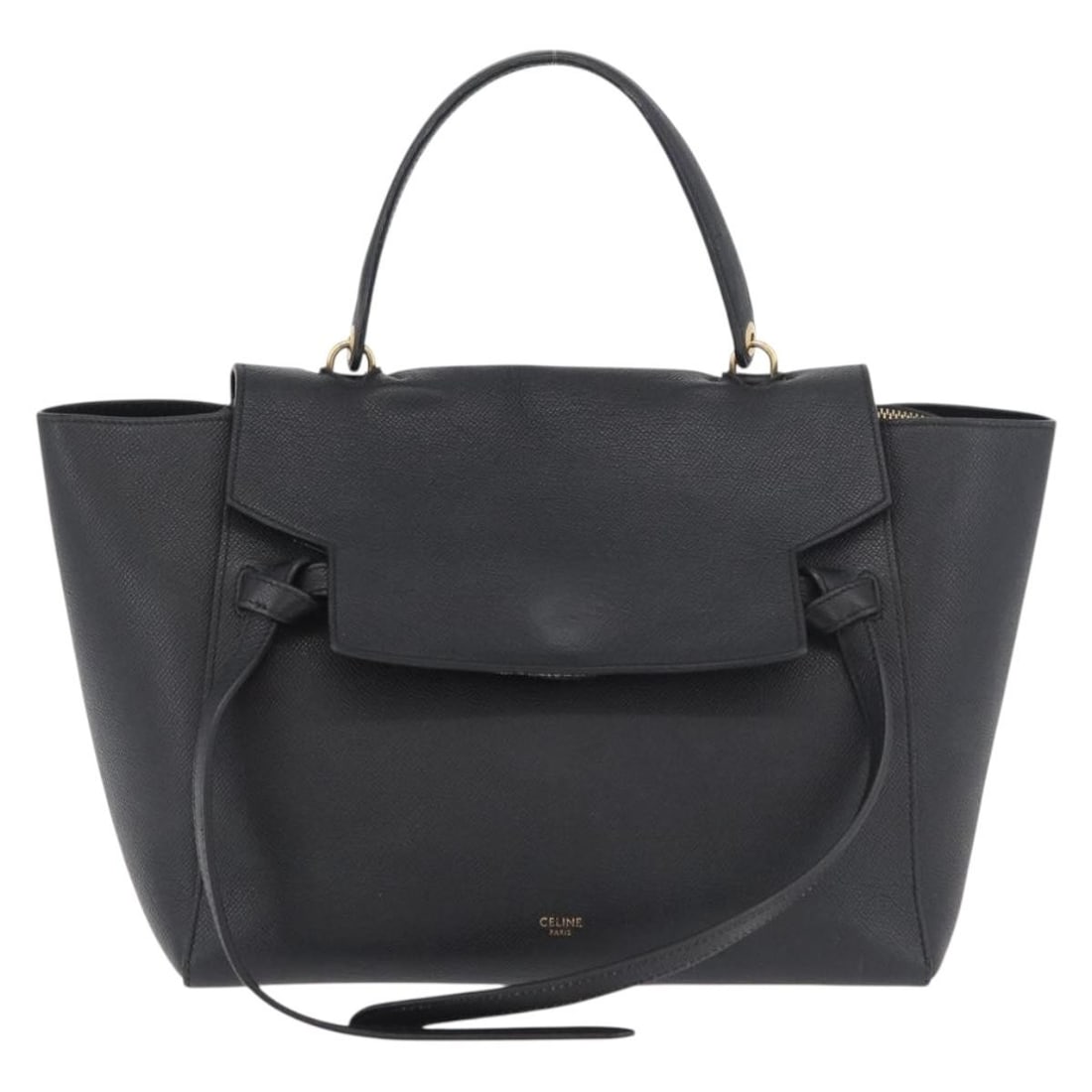 Celine Black Textured Leather Belt Bag: Celine Black Textured Leather Belt Bag This Celine Belt Bag is crafted from textured black leather and features a structured silhouette. Designed for women, it offers a spacious interior and includes 
