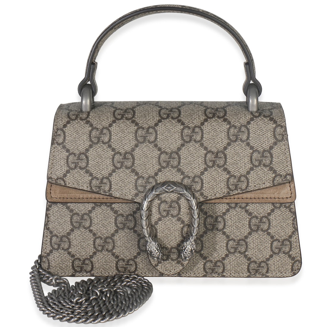 Gucci Mini Dionysus Beige Canvas Top Handle Bag: Gucci Mini Dionysus Beige Canvas Top Handle Bag This Gucci Mini Dionysus Top Handle Bag is crafted from beige GG Supreme canvas with gunmetal hardware. Designed in Italy, it features a compact silhoue