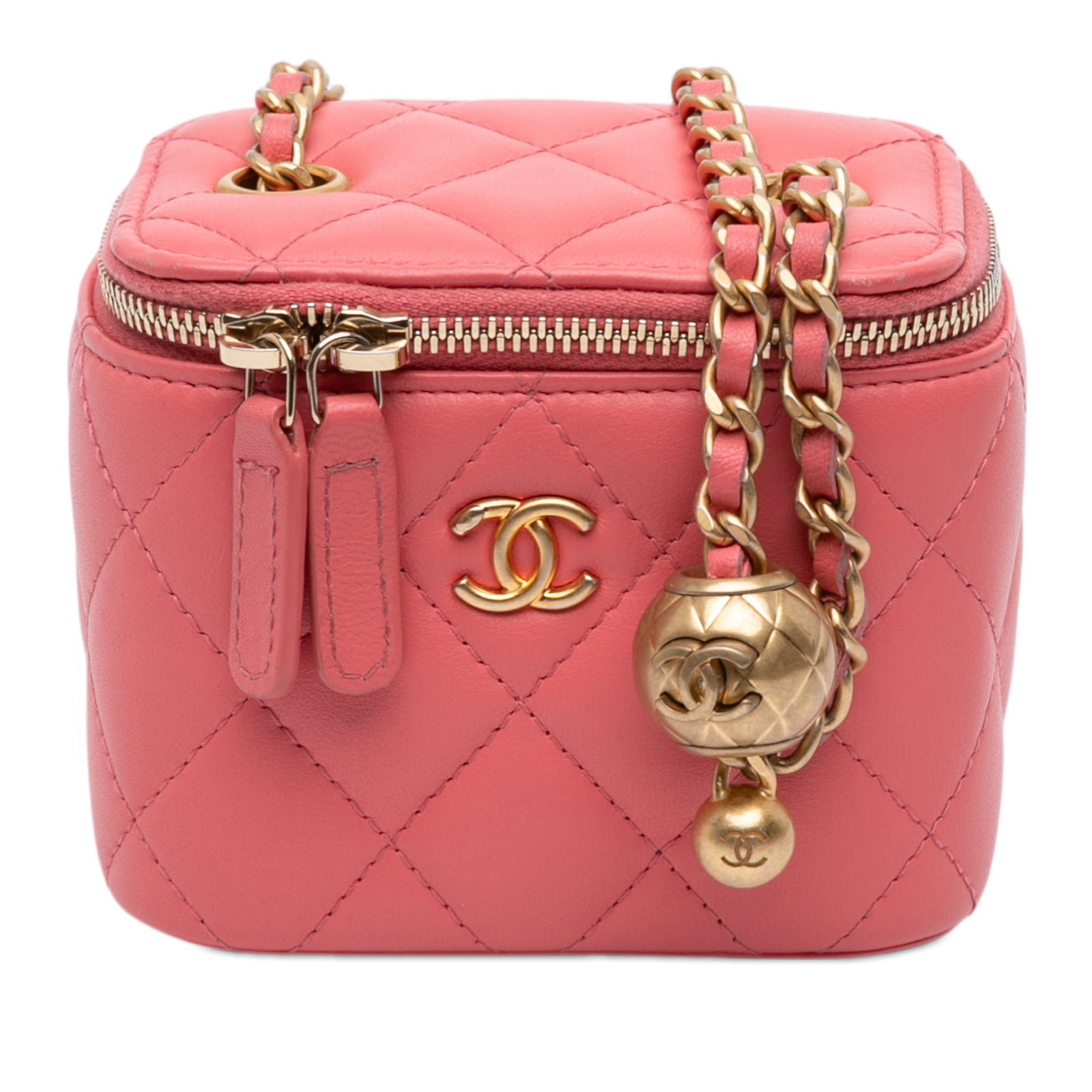 Chanel Pearl Crush Mini Pink Lambskin Quilted Crossbody Vanity Bag: Chanel Pearl Crush Mini Pink Lambskin Quilted Crossbody Vanity Bag This Chanel Mini Quilted Lambskin Pearl Crush Vanity Case features a quilted lambskin leather exterior in pink, a leather woven chain