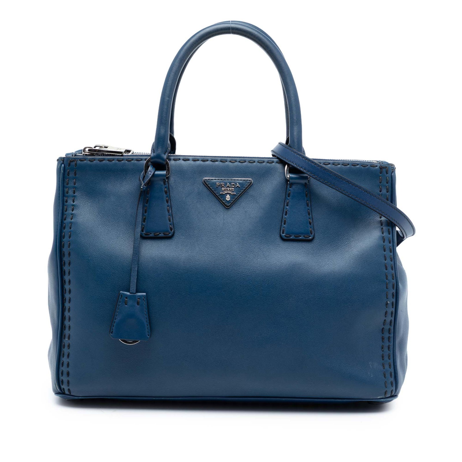 Prada Galleria blue leather double zip satchel: Prada Galleria blue leather double zip satchel This Prada Medium City Calf Hand Stitched Galleria Double Zip Satchel is crafted from leather with distinctive stitch detailing. It features rolled leath