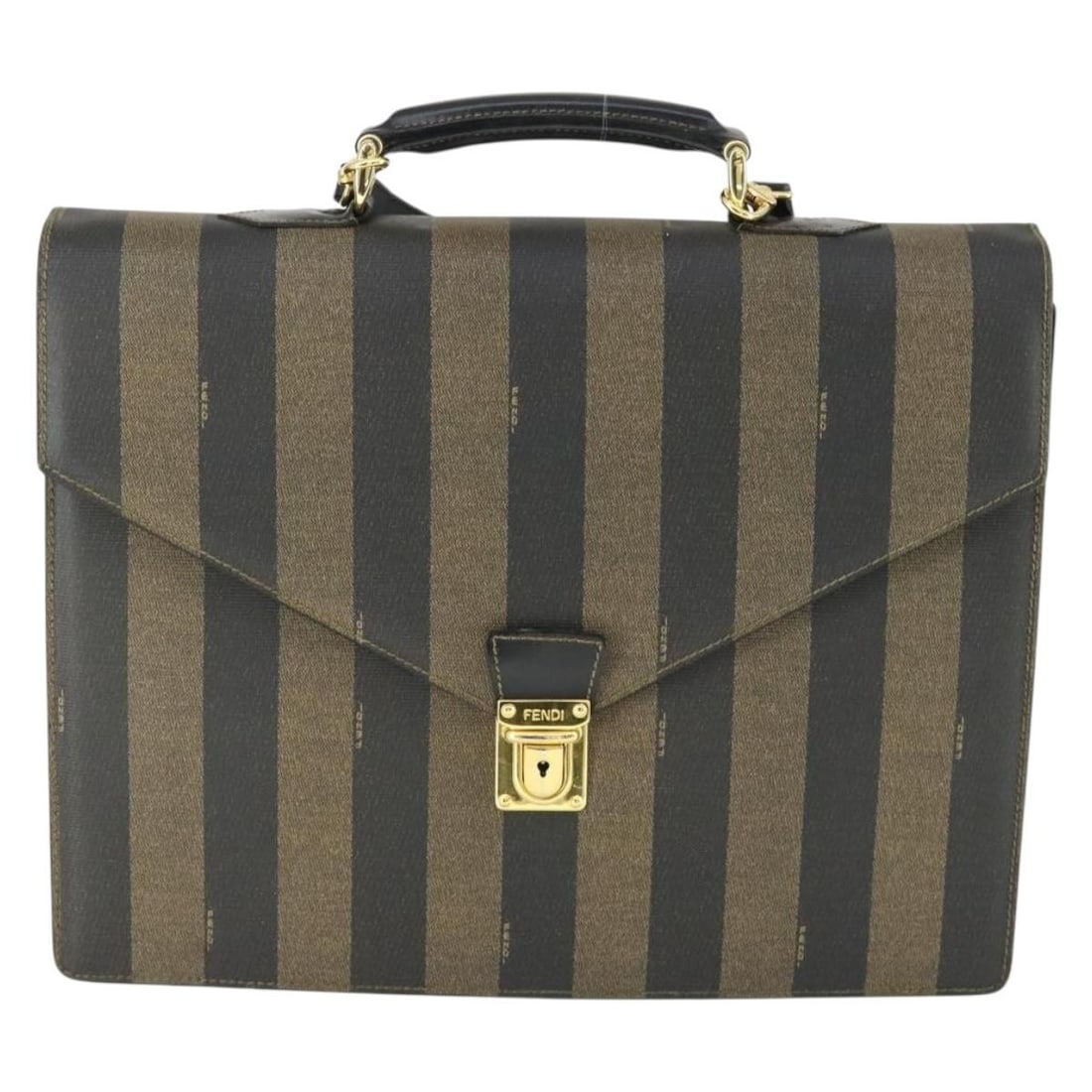 Vintage Fendi Pequin Coated Canvas Briefcase Bag: Vintage Fendi Pequin Coated Canvas Briefcase Bag This vintage Fendi Pequin briefcase bag features a brown coated canvas construction with a unisex design. It includes a shoulder strap and metal fittin