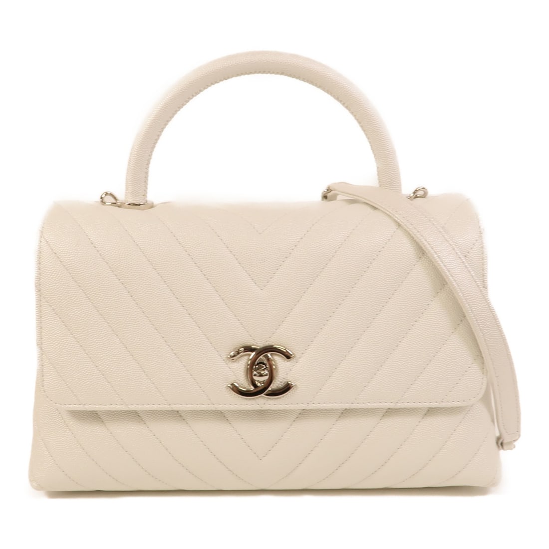 CHANEL Coco Handle Medium White Calfskin 2Way Shoulder Bag: CHANEL Coco Handle Medium White Calfskin 2Way Shoulder Bag This CHANEL Coco Handle Medium 2Way Shoulder Bag features a versatile design that can be carried by hand or worn over the shoulder. Crafted f