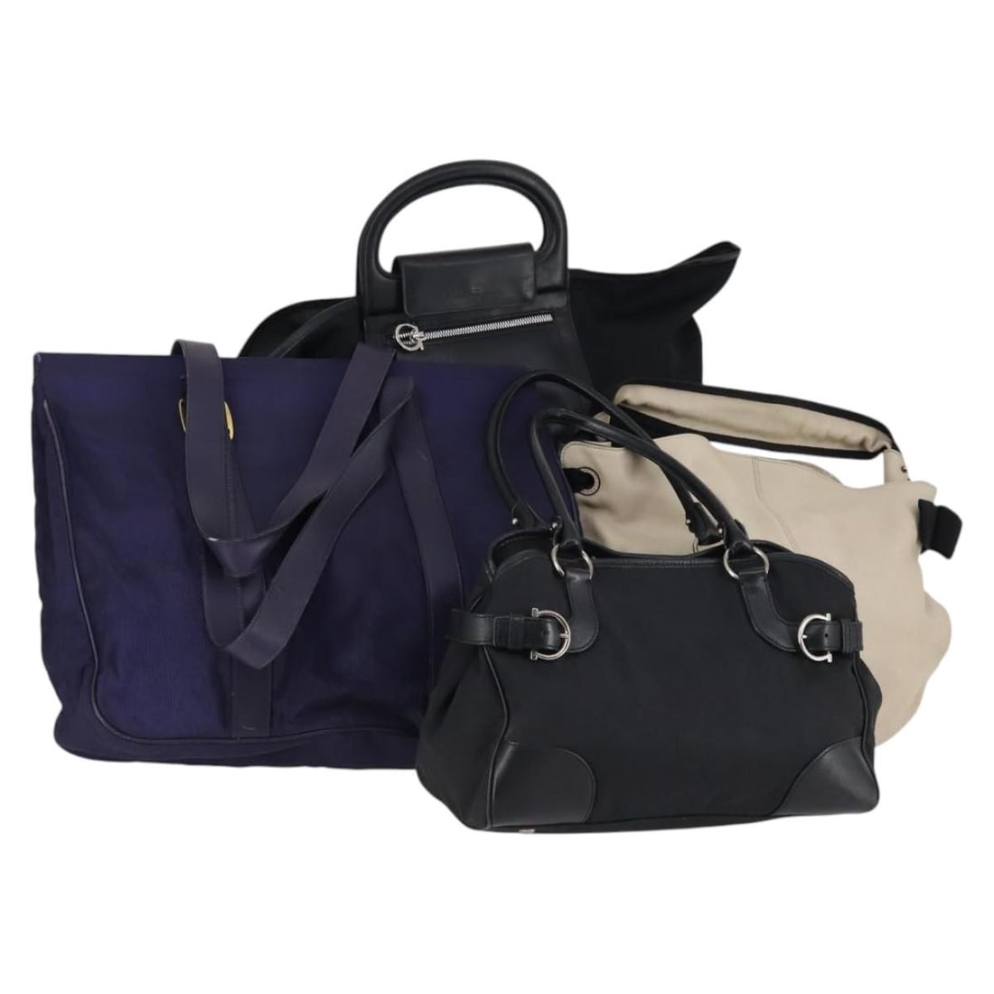 Salvatore Ferragamo Leather Canvas Shoulder Bag Set Beige Black Navy Auth: Salvatore Ferragamo Leather Canvas Shoulder Bag Set Beige Black Navy Auth This elegant Salvatore Ferragamo shoulder bag is crafted from a combination of leather in a striking beige, black, and navy