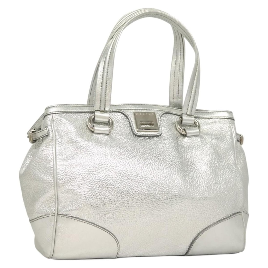 CELINE silver leather tote bag Italy 12.6 inch: CELINE silver leather tote bag Italy 12.6 inch This CELINE tote bag is crafted from leather in a striking silver color. Designed for women, it features a spacious interior and sturdy handles with a 7.