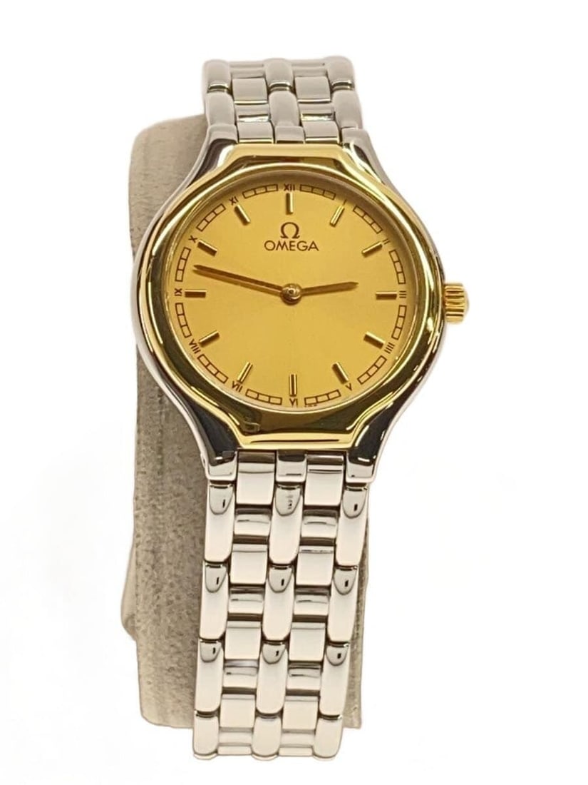 Omega De Ville Swiss Quartz Ladies Stainless Steel Wristwatch Gold Dial: Omega De Ville Swiss Quartz Ladies Stainless Steel Wristwatch Gold Dial This OMEGA De Ville Quartz wristwatch features a gold dial and a stainless steel case and band, designed specifically for women.