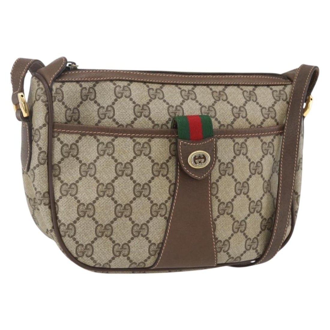 GUCCI Sherry Line GG Supreme Beige Gold Shoulder Bag: GUCCI Sherry Line GG Supreme Beige Gold Shoulder Bag This Gucci GG Supreme Web Sherry Line shoulder bag features a beige and gold PVC leather and GG canvas exterior. The bag is designed with a classic