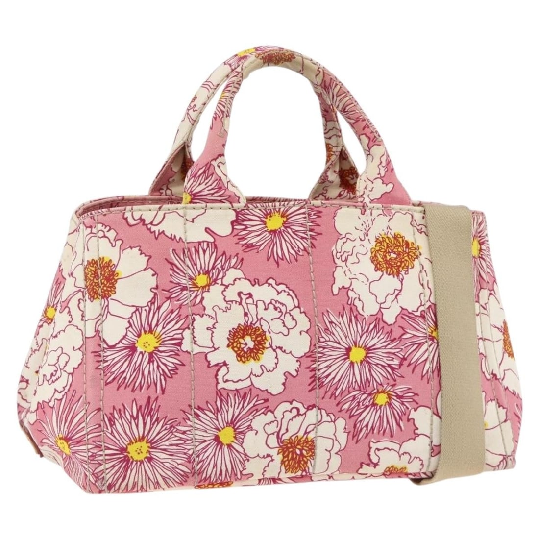 Prada Canapa M Pink Canvas Two Way Handbag with Shoulder Strap: Prada Canapa M Pink Canvas Two Way Handbag with Shoulder Strap This PRADA Canapa M handbag features a pink and gold canvas exterior and offers versatile carrying options with both top handles and a de