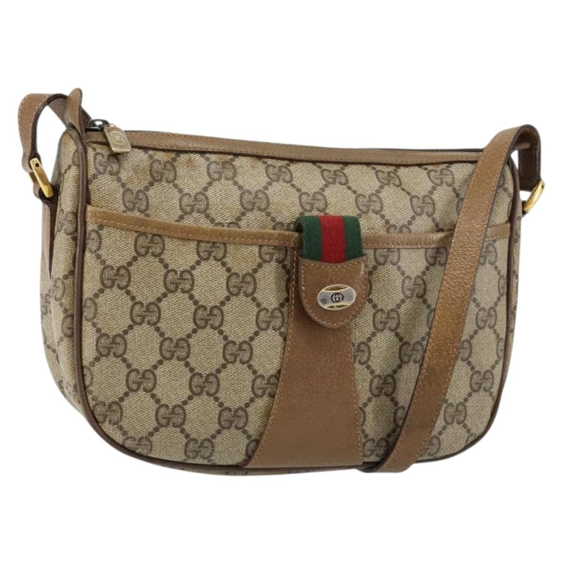 GUCCI GG Canvas Web Sherry Line Shoulder Bag Beige Red PVC Leather Authentic (1 of 18)