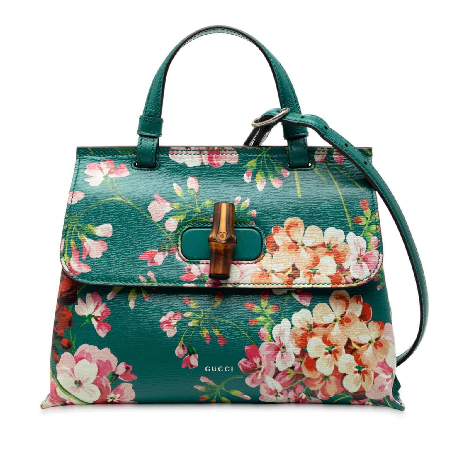 Gucci Green Leather Bamboo Daily Satchel: Gucci Green Leather Bamboo Daily Satchel This Gucci Small Calfskin Bamboo Daily Blooms Satchel features a printed leather exterior in green, a flat top handle, and a detachable flat strap. The bag is 