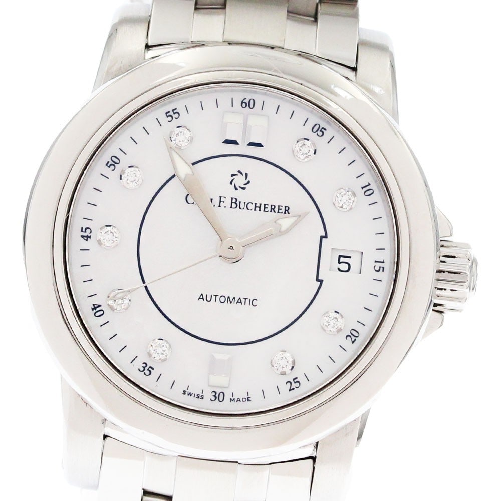 Patravi ladies automatic stainless steel date watch 10621.08: Patravi ladies automatic stainless steel date watch 10621.08 This Carl F. Bucherer Patravi women's wristwatch features a stainless steel case and band, paired with a white mother-of-pearl dial. The wa