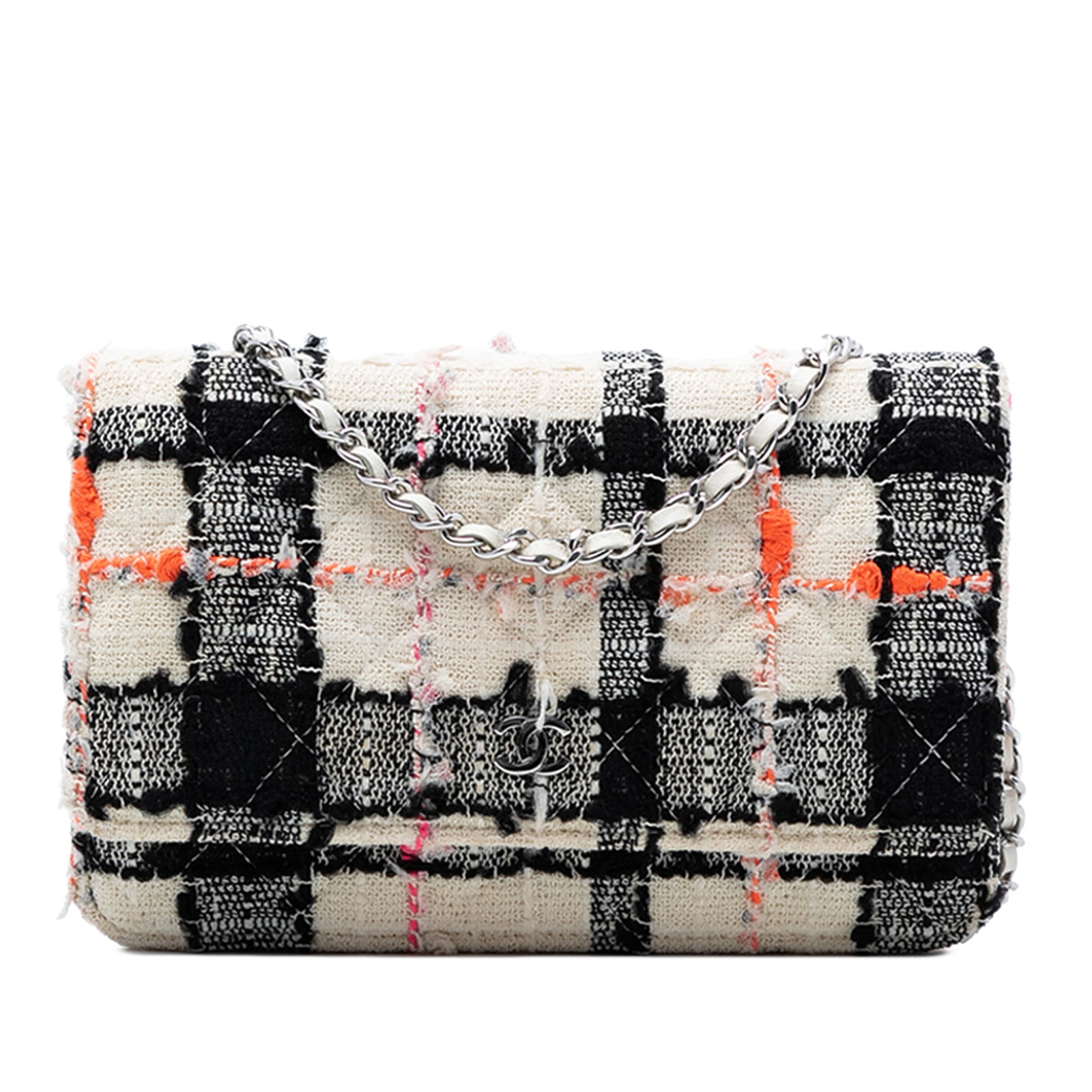 White Tweed Chanel Wallet On Chain with Leather-Woven Strap: White Tweed Chanel Wallet On Chain with Leather-Woven Strap This Chanel CC Quilted Tweed Wallet On Chain features a tweed body, a leather-woven chain strap, a flap with snap closure, an exterior back 