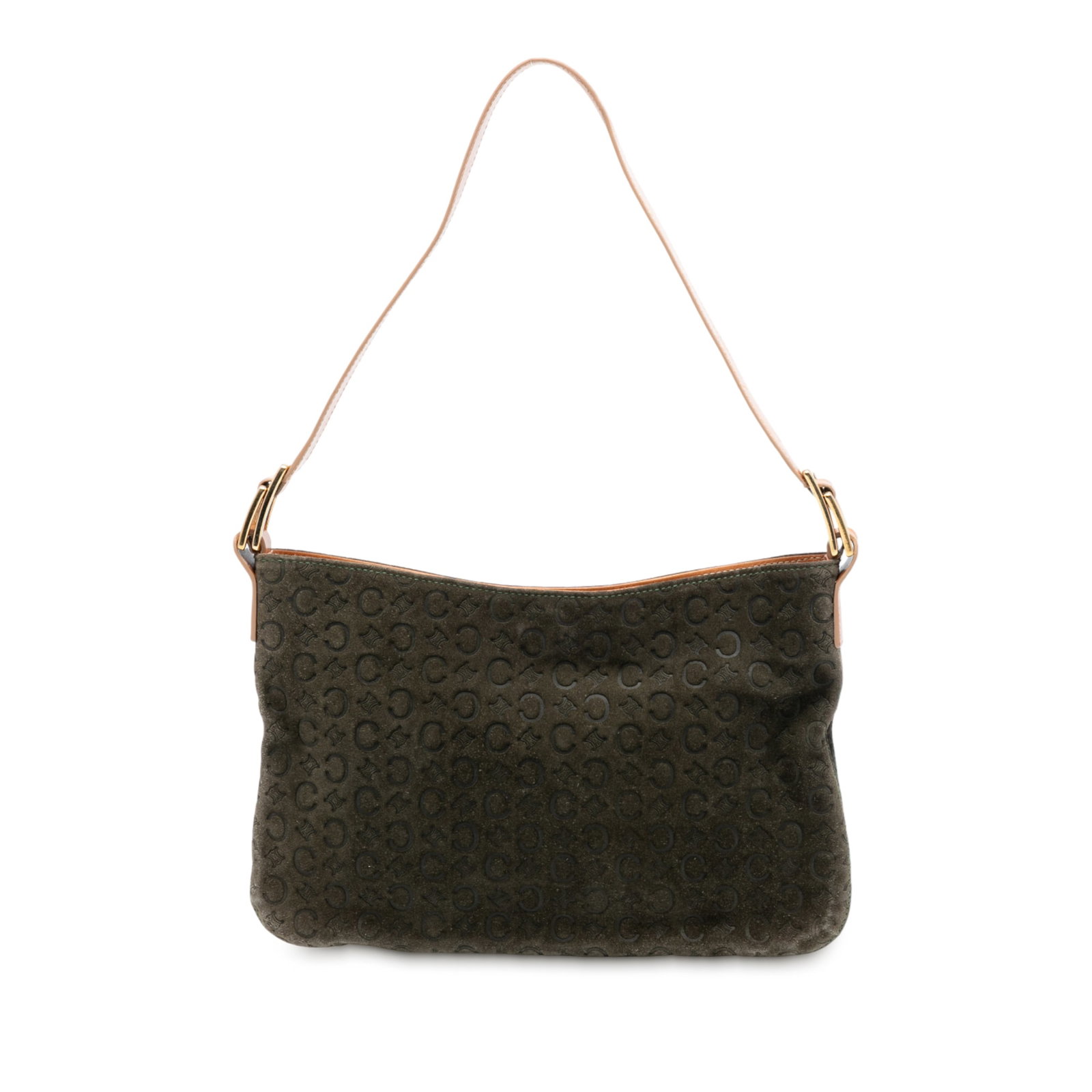 Celine C Macadam Brown Suede Leather Shoulder Bag: Celine C Macadam Brown Suede Leather Shoulder Bag This Celine C Macadam Suede Shoulder Bag features a brown suede body complemented by a flat leather shoulder strap. It is designed with an open top se