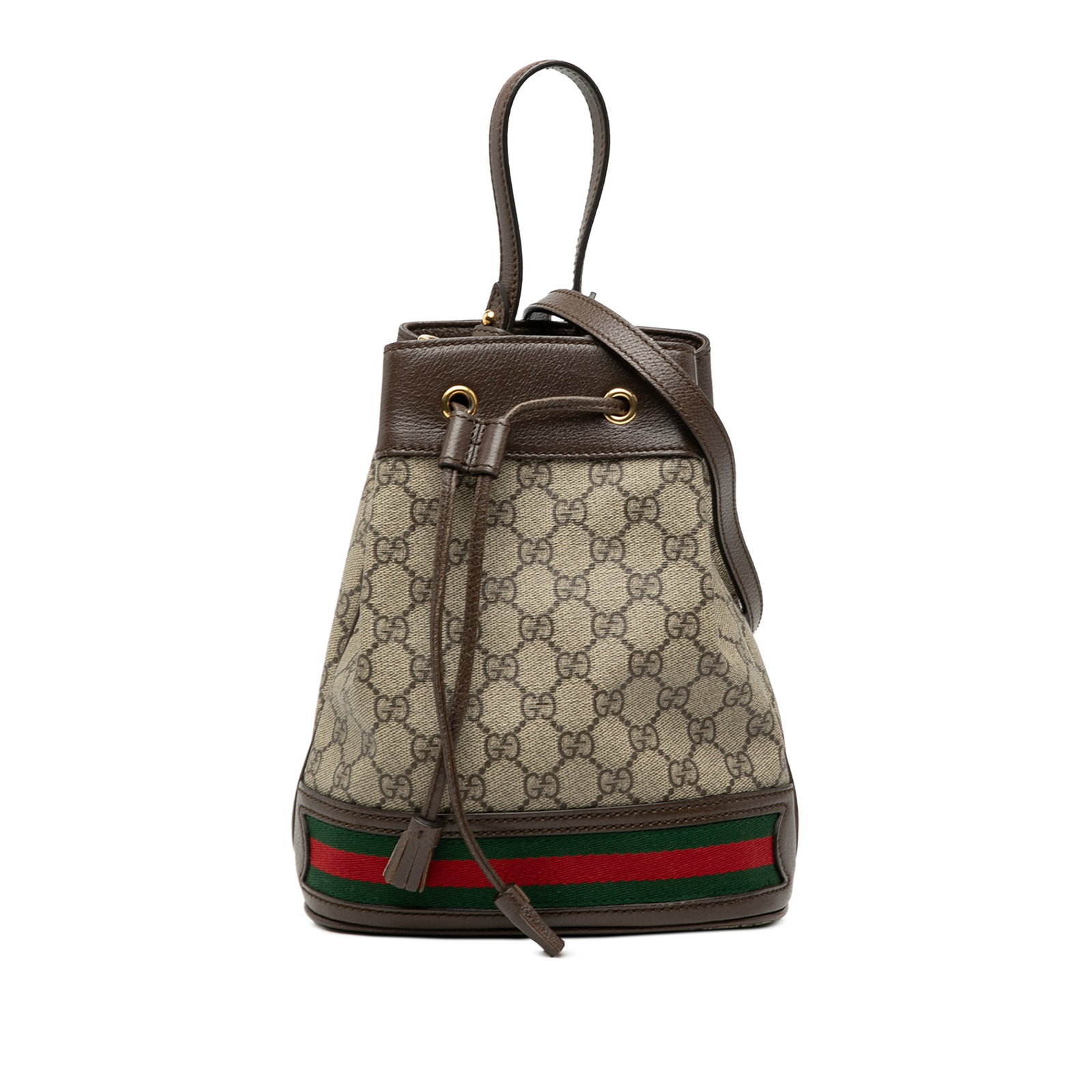 Gucci Ophidia Small GG Supreme Brown Canvas Bucket Bag with Web Detail: Gucci Ophidia Small GG Supreme Brown Canvas Bucket Bag with Web Detail This Gucci Small GG Supreme Ophidia Web Bucket Bag features a coated canvas body with leather trim and web detailing. It is desig