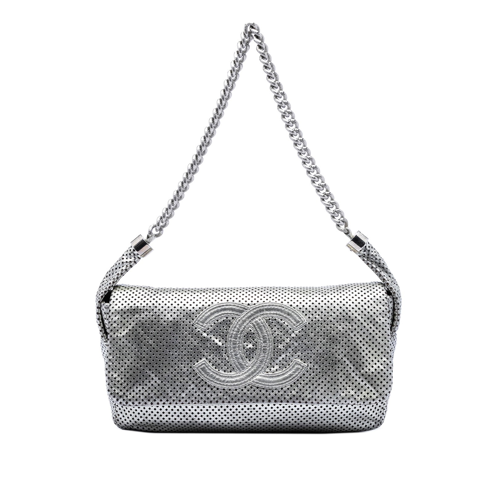 Chanel Rodeo Drive metallic calfskin flap bag silver: Chanel Rodeo Drive metallic calfskin flap bag silver This Chanel Metallic Glazed Calfskin Perforated Rodeo Drive Flap bag features a perforated leather body in a striking silver tone, complemented by 