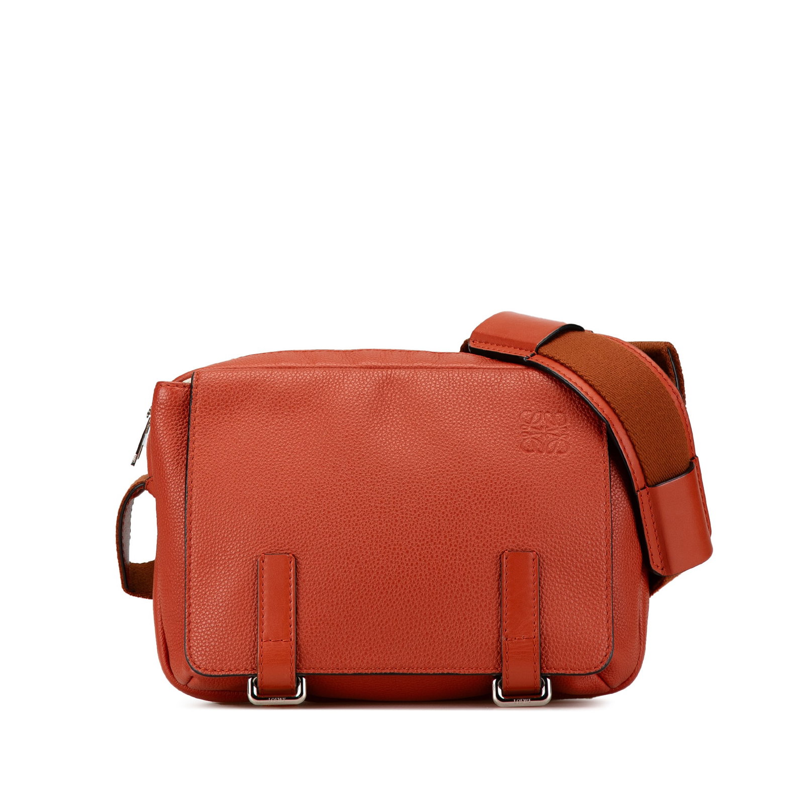 LOEWE XS Military Messenger Leather Crossbody Bag Orange: LOEWE XS Military Messenger Leather Crossbody Bag Orange This LOEWE XS Military Messenger Bag is crafted from leather in a vibrant orange hue. It features a crossbody design with a flat shoulder strap