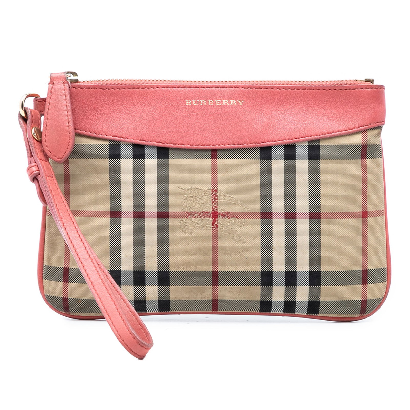 Burberry Haymarket Check Nylon Beige Clutch Bag: Burberry Haymarket Check Nylon Beige Clutch Bag This Burberry Haymarket Check Nylon Peyton Clutch showcases a coated canvas body with leather trim, complemented by a flat leather wrist strap and a top
