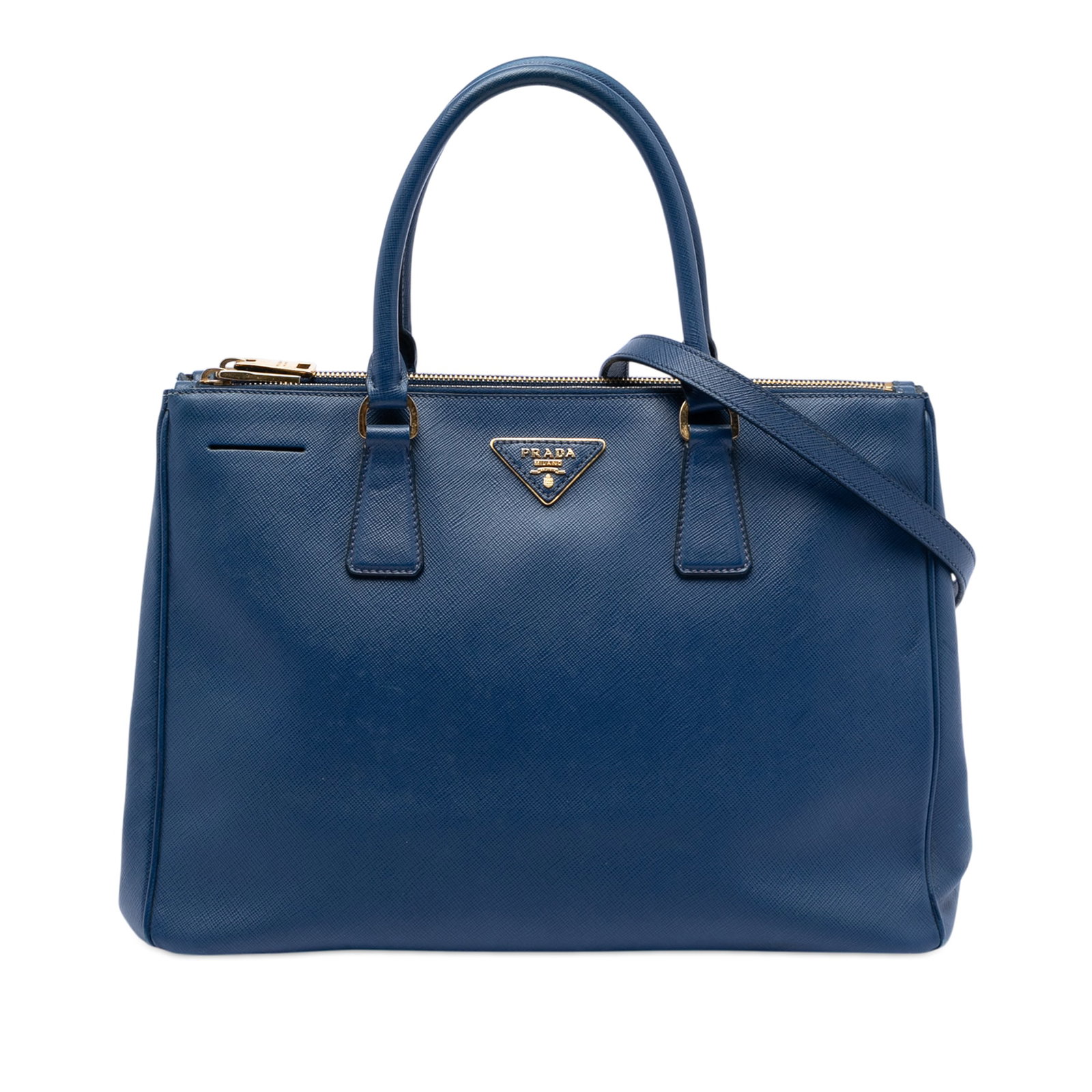 Prada Galleria Medium Blue Saffiano Leather Double Zip Satchel Bag: Prada Galleria Medium Blue Saffiano Leather Double Zip Satchel Bag This Prada Medium Saffiano Lux Galleria Double Zip Satchel features a saffiano leather body in blue, rolled leather handles, a detach