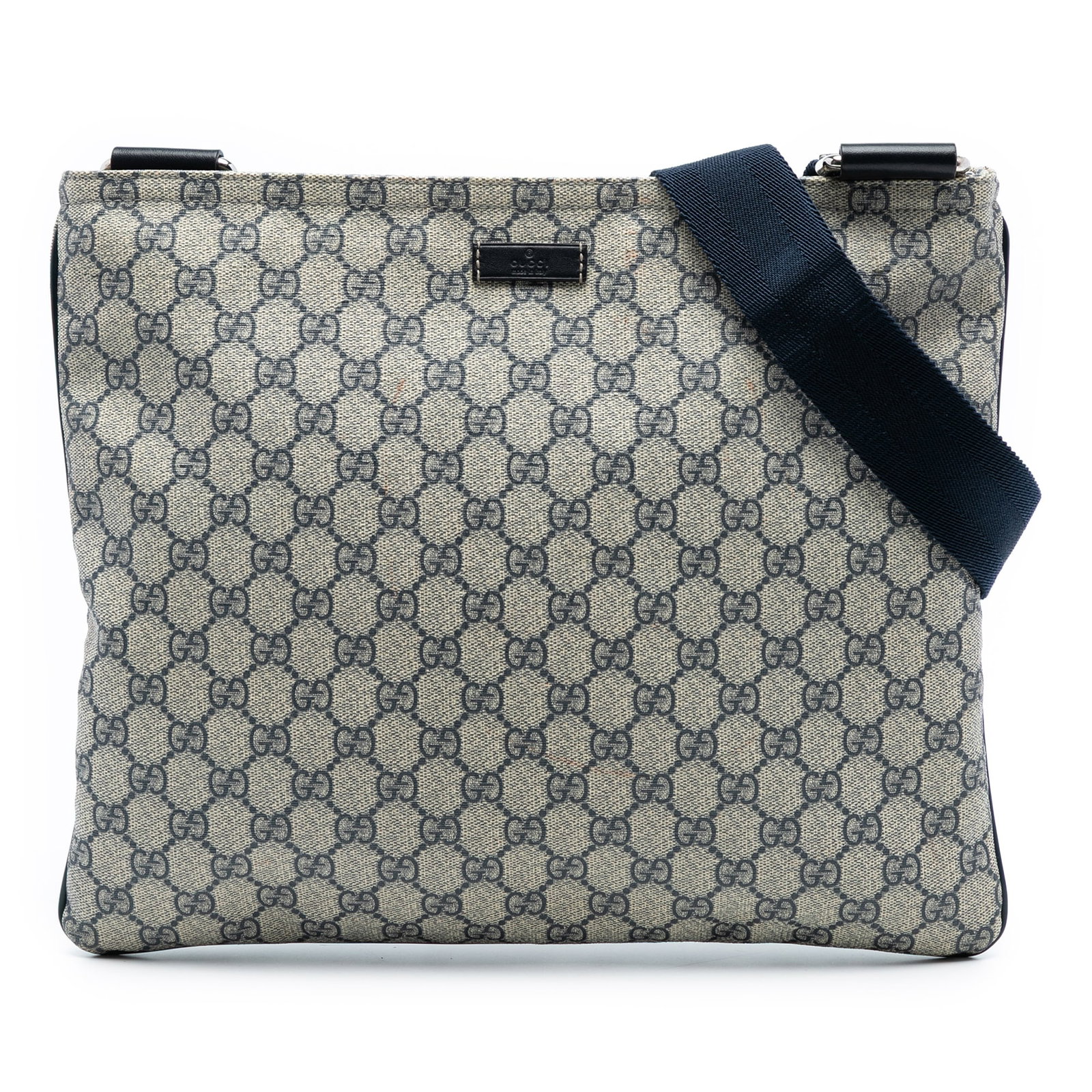 Beige GG Supreme Coated Canvas Crossbody Bag with Leather Trim by Gucci: Beige GG Supreme Coated Canvas Crossbody Bag with Leather Trim by Gucci This Gucci GG Supreme Crossbody bag features a beige coated canvas body with leather trim, an adjustable flat shoulder strap, a 