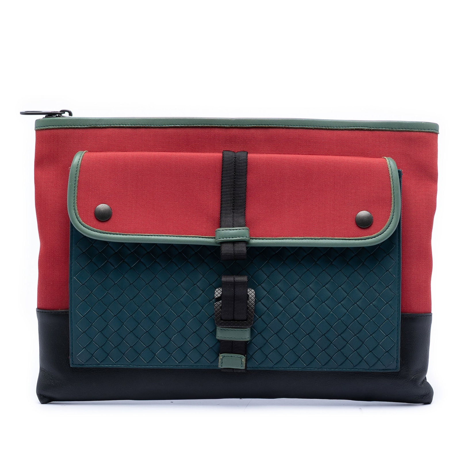 Canvas and Nappa Intrecciato Clutch Bag by Bottega Veneta: Canvas and Nappa Intrecciato Clutch Bag by Bottega Veneta This Bottega Veneta clutch features a canvas body with leather trim, a top zip closure, and an exterior front flap compartment secured by a ho