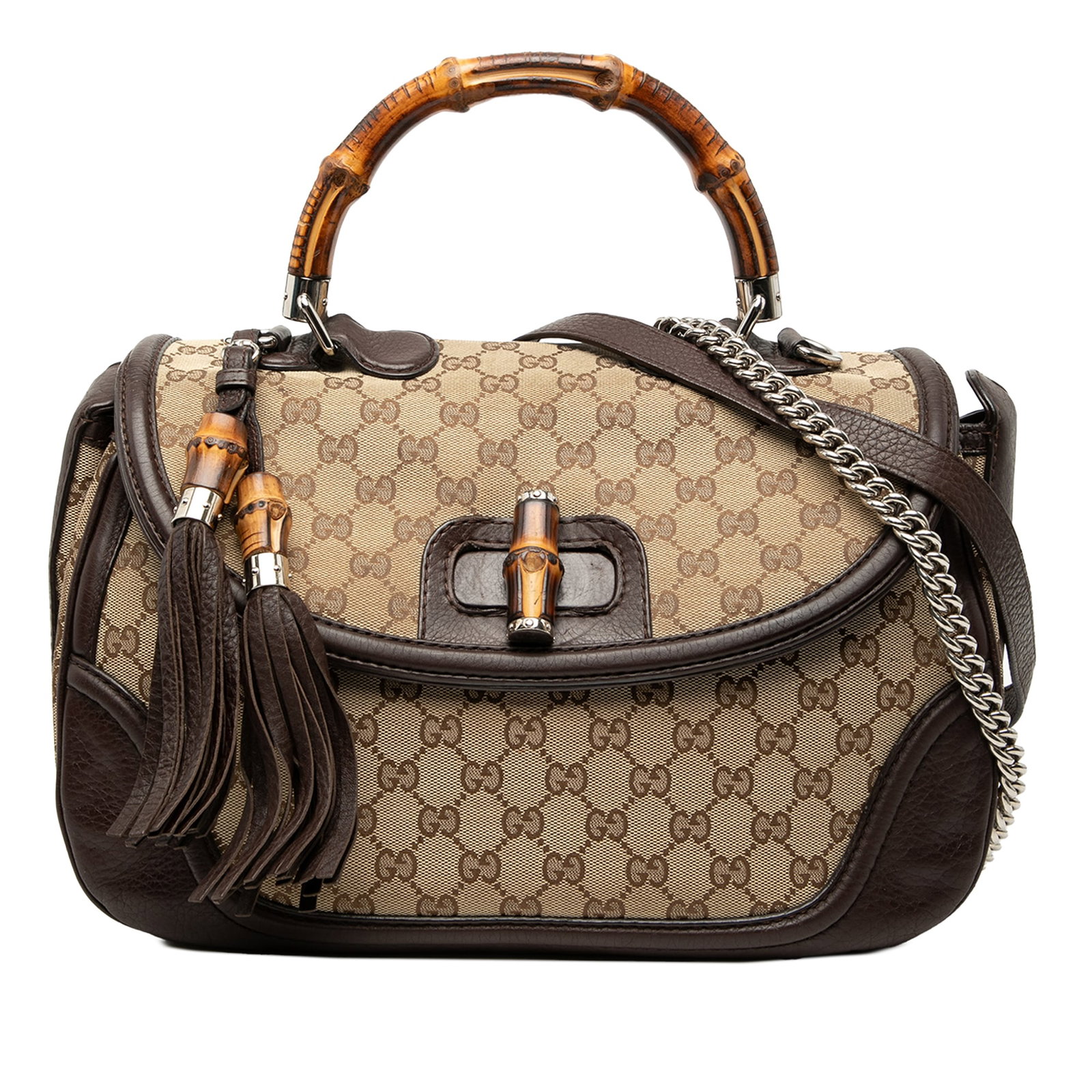 Gucci bamboo handle canvas satchel with chain strap: Gucci bamboo handle canvas satchel with chain strap This Gucci Large GG Canvas New Bamboo Top Handle Bag features a canvas body with leather trim, a signature bamboo top handle, and a detachable chain