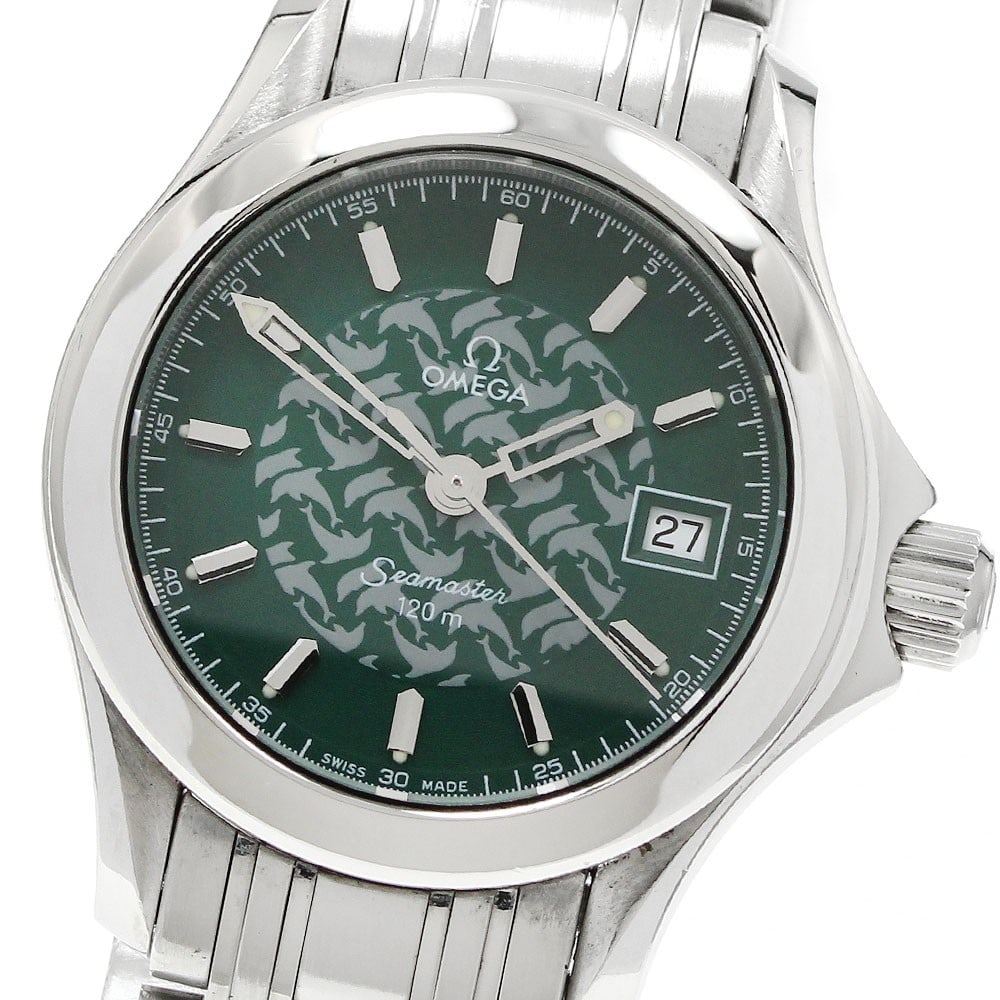 Omega Seamaster 120 Quartz Ladies Date Watch 2586.70: Omega Seamaster 120 Quartz Ladies Date Watch 2586.70 This OMEGA Seamaster 120 Jacques Mayol 1998 women's wristwatch features a stainless steel case and bracelet, complemented by a distinctive green di