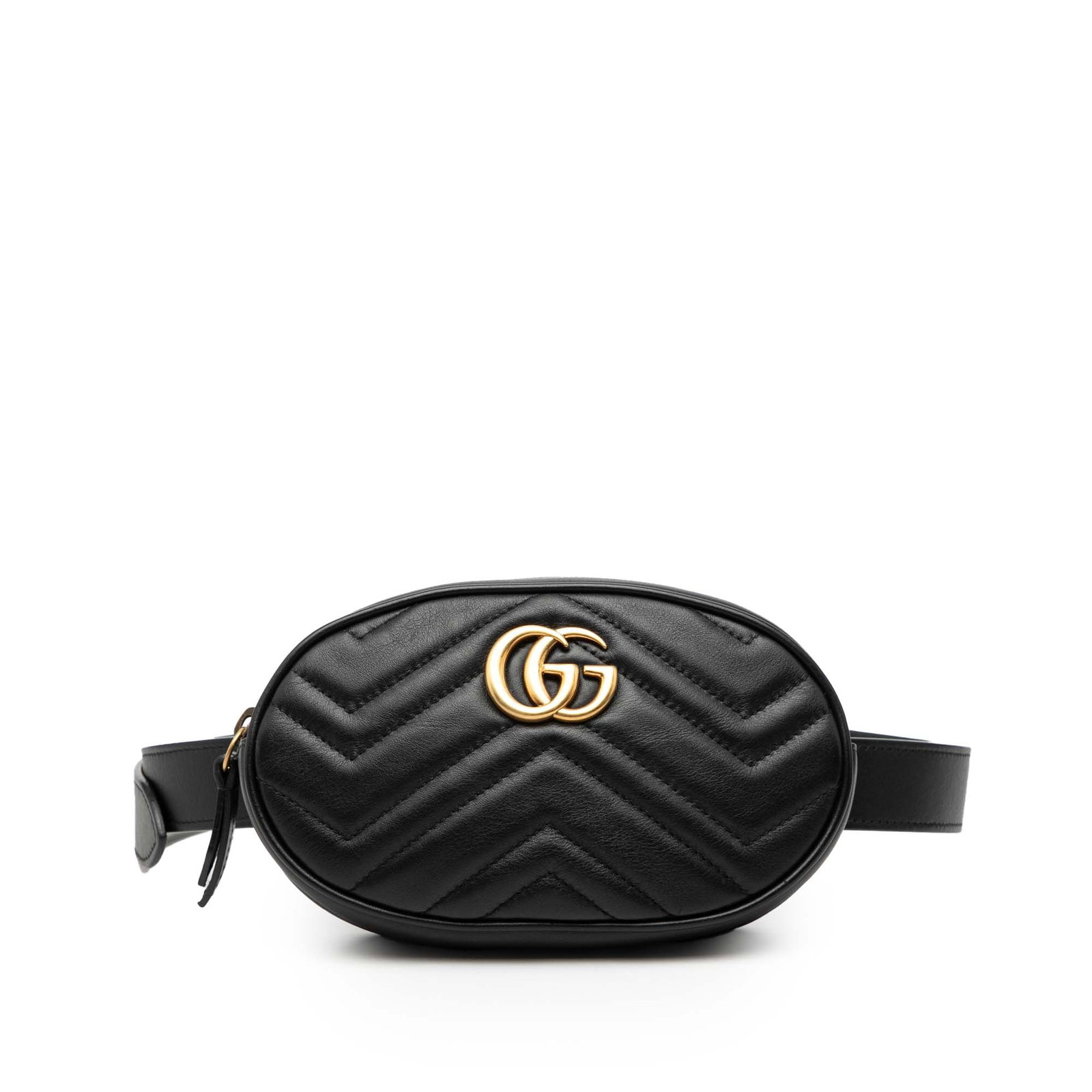 Gucci GG Marmont Black Quilted Leather Adjustable Belt Bag: Gucci GG Marmont Black Quilted Leather Adjustable Belt Bag This Gucci GG Marmont Matelasse leather belt bag features a quilted leather exterior, an adjustable flat leather waist strap, a top zip closu