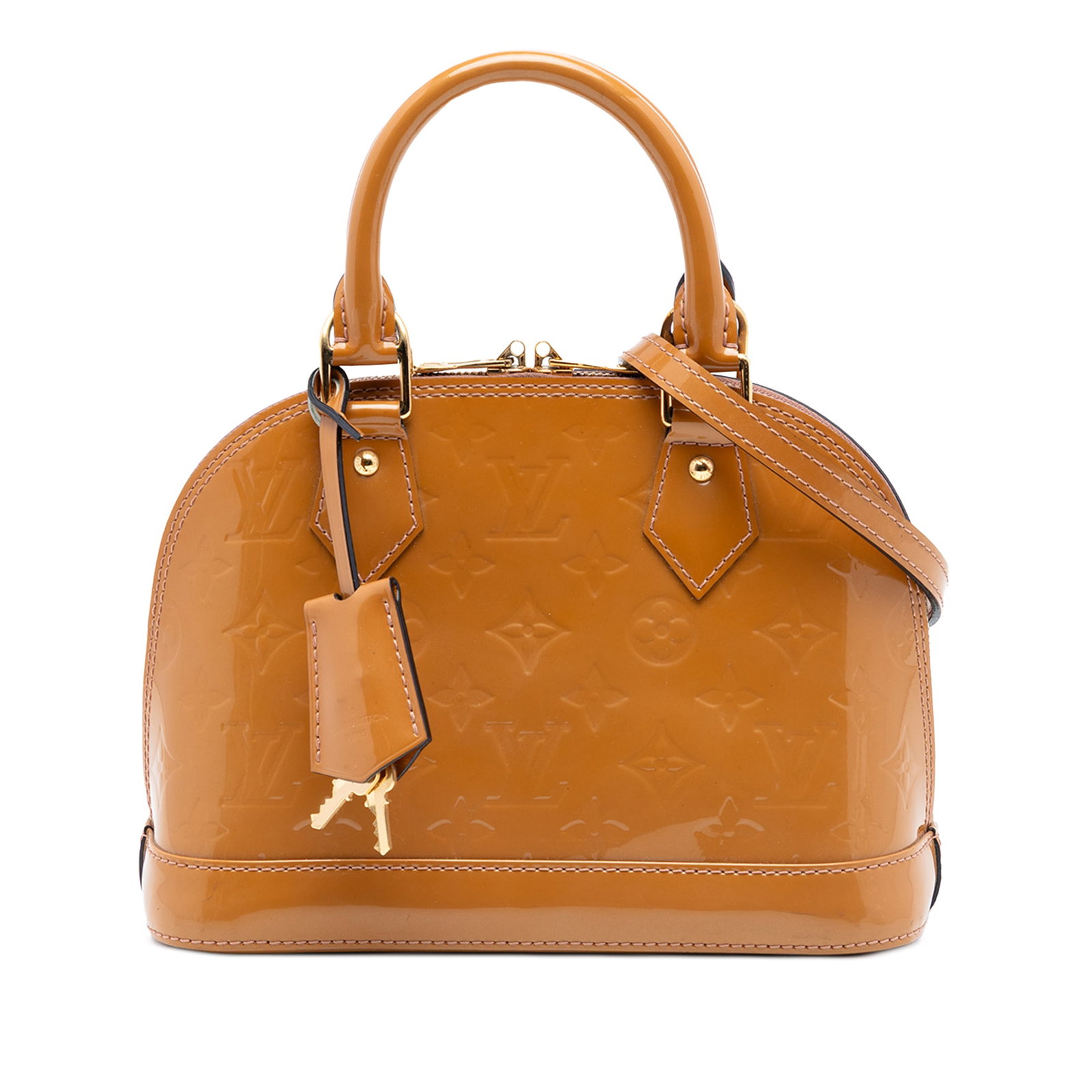 Louis Vuitton Alma BB Monogram Vernis Brown Leather Bag: Louis Vuitton Alma BB Monogram Vernis Brown Leather Bag This Louis Vuitton Monogram Vernis Alma BB features a monogram vernis leather body with rolled leather handles and a detachable flat leather str