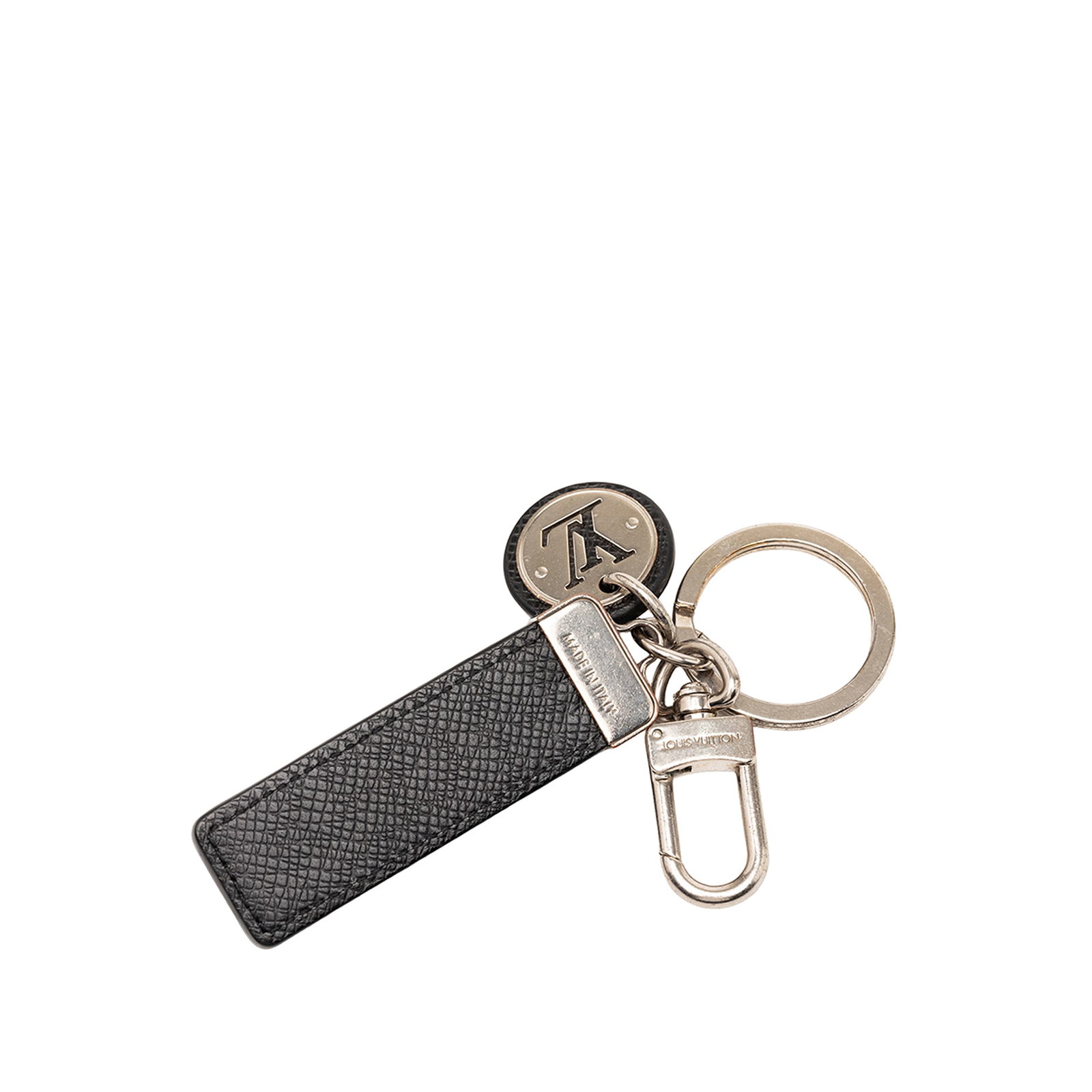 Louis Vuitton Taiga leather key holder charm black: Louis Vuitton Taiga leather key holder charm black This Louis Vuitton Taiga Neo LV Club Bag Charm and Key Holder features a sleek metal body paired with a black Taiga leather charm. Made in Italy, thi