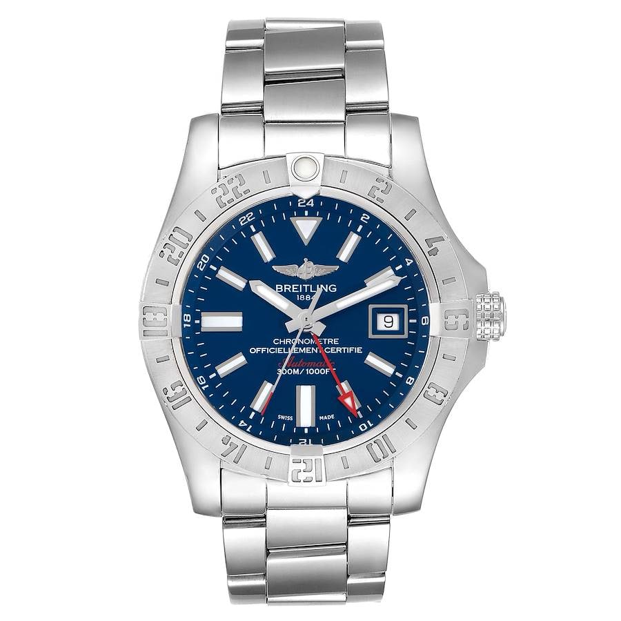 Breitling Avenger II GMT Blue Dial Stainless Steel Bracelet A32390: Breitling Avenger II GMT Blue Dial Stainless Steel Bracelet A32390 This Breitling Aeromarine Avenger II GMT features a striking blue dial and a rotating bezel, paired with a durable stainless steel br