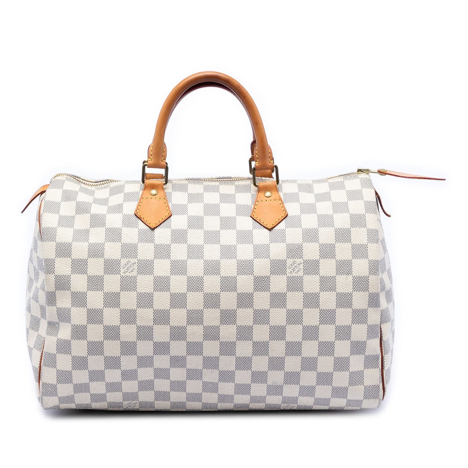 Louis Vuitton Damier Azur canvas Speedy 35 handbag: Louis Vuitton Damier Azur canvas Speedy 35 handbag This Louis Vuitton Damier Azur Speedy 35 features the iconic damier canvas exterior with rolled vachetta leather handles, a top zip closure, and an i