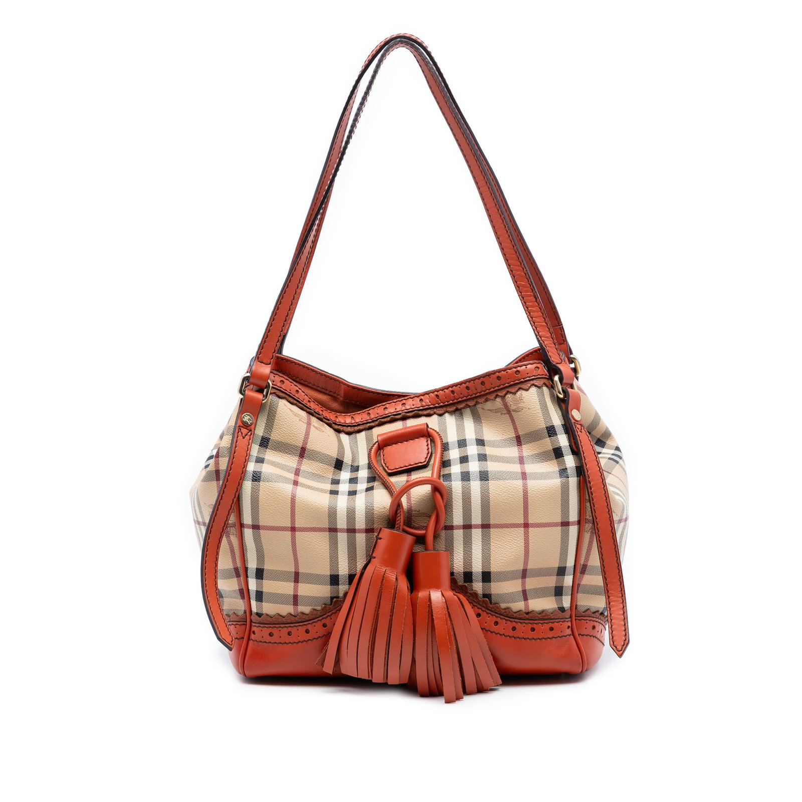 Burberry Haymarket Check Small Canvas Tote with Brogue Tassel Detail: Burberry Haymarket Check Small Canvas Tote with Brogue Tassel Detail This Burberry Small Haymarket Check tote features a coated canvas body with leather trim, flat leather straps, an open top secured 