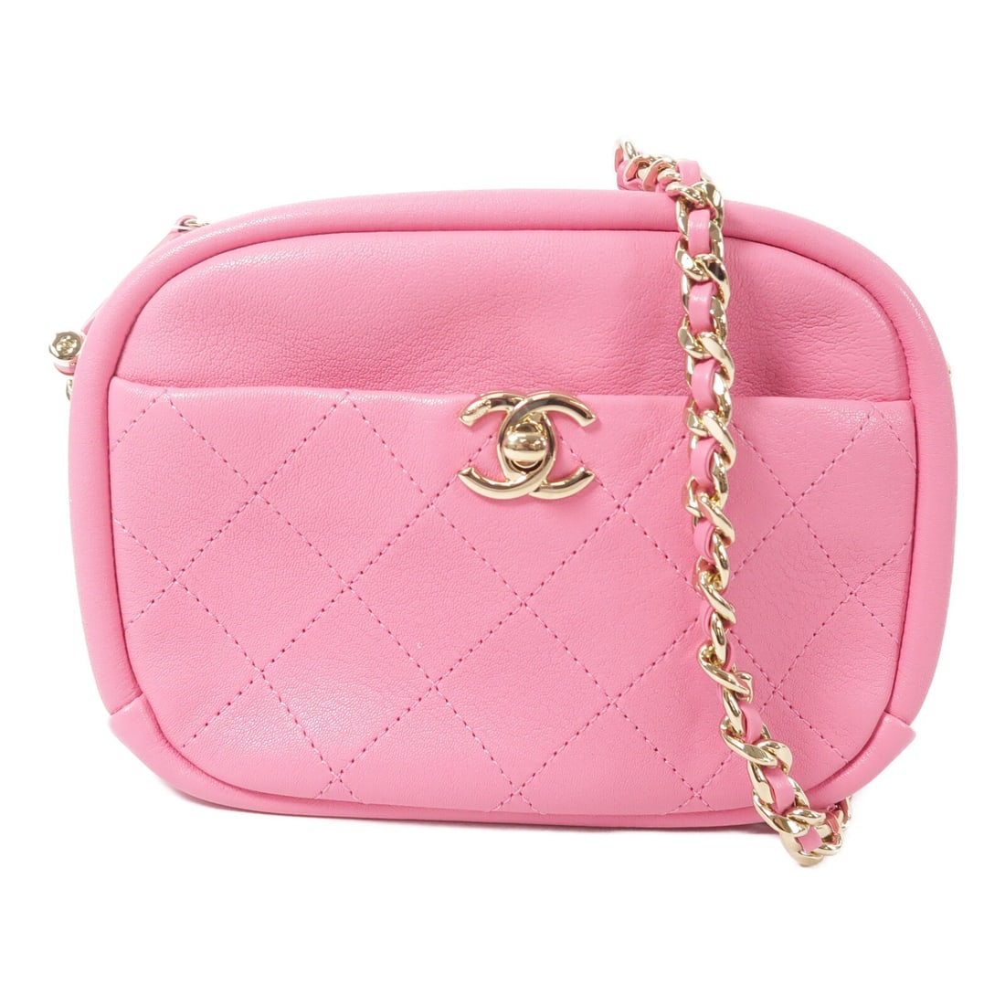 CHANEL Pink Goatskin Camera Chain Shoulder Bag GHW: CHANEL Pink Goatskin Camera Chain Shoulder Bag GHW This Chanel CC camera bag is crafted from luxurious pink goatskin leather and features gold-tone chain shoulder straps. Designed in a compact silhoue