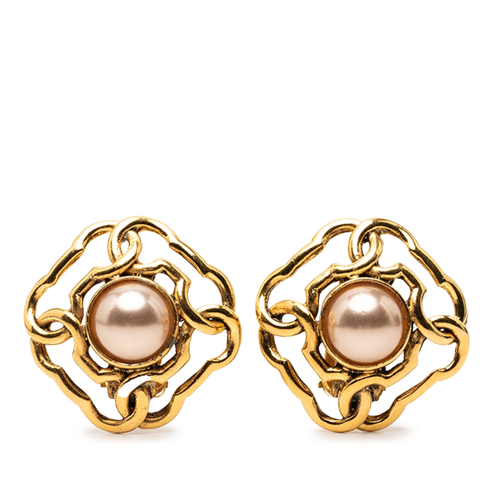 Chanel faux pearl clip on earrings gold plated metal: Chanel faux pearl clip on earrings gold plated metal These Chanel clip-on earrings feature a gold-plated metal design accented with faux pearls. Crafted in France, they offer a classic costume jewelry
