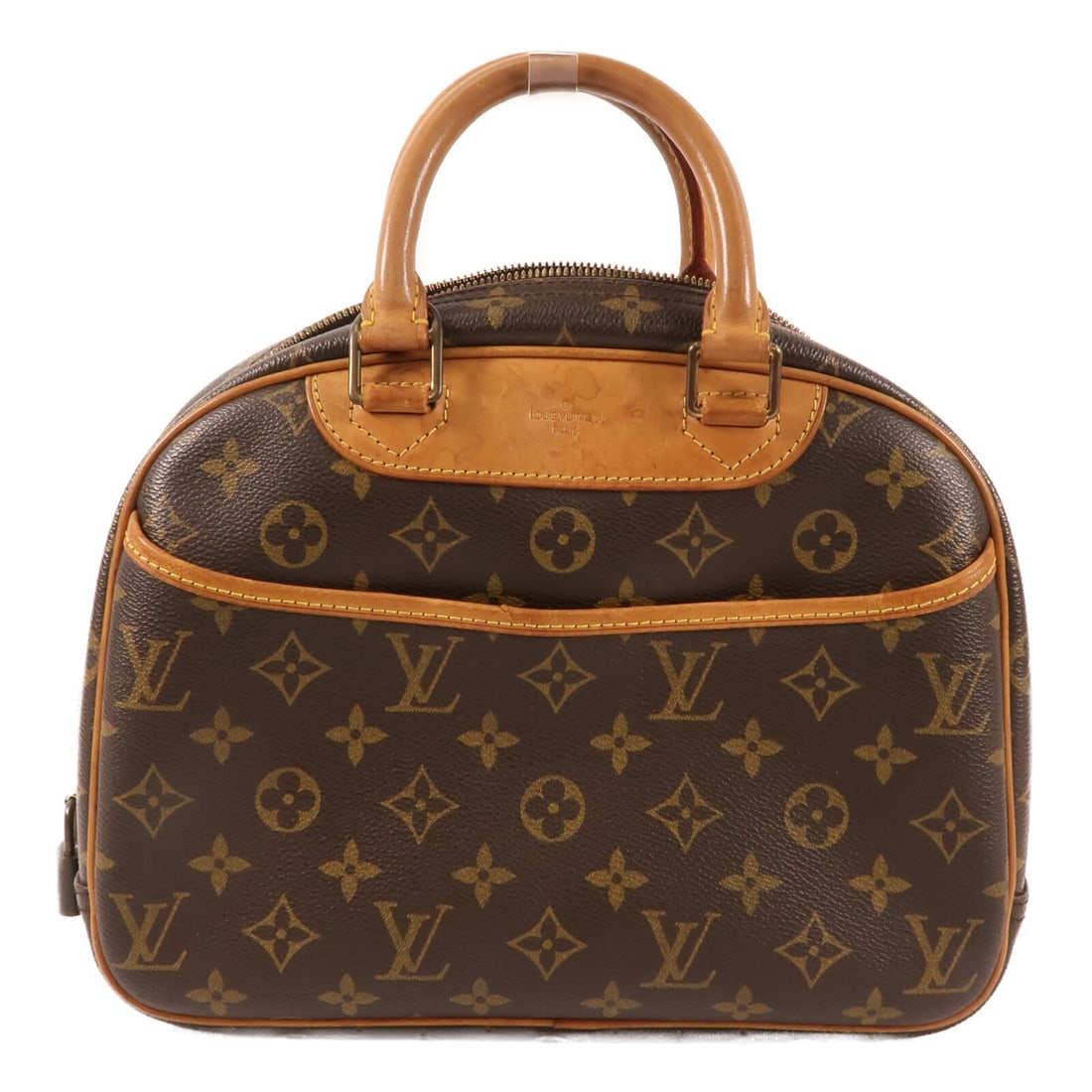 Louis Vuitton Monogram Trouville Brown Handbag with Gold Hardware M42228: Louis Vuitton Monogram Trouville Brown Handbag with Gold Hardware M42228 This Louis Vuitton Trouville handbag features the signature monogram pattern in brown PVC coated canvas. The bag is equipped wi