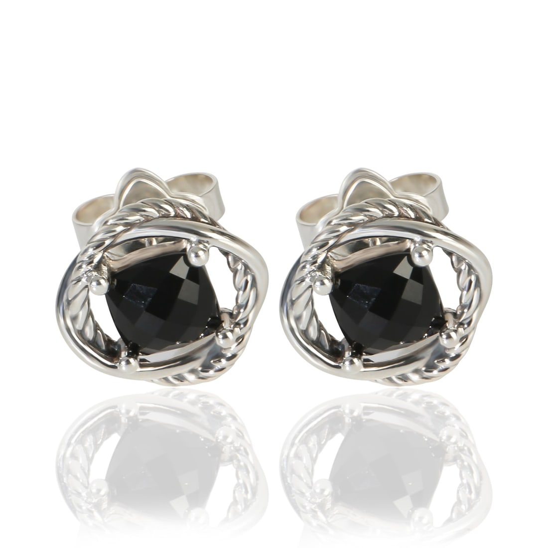 David Yurman Infinity Stud Sterling Silver Onyx Earrings: David Yurman Infinity Stud Sterling Silver Onyx Earrings These David Yurman Infinity Stud Earrings feature a striking onyx centerpiece set in 925 sterling silver. Designed for a unisex appeal, they ar