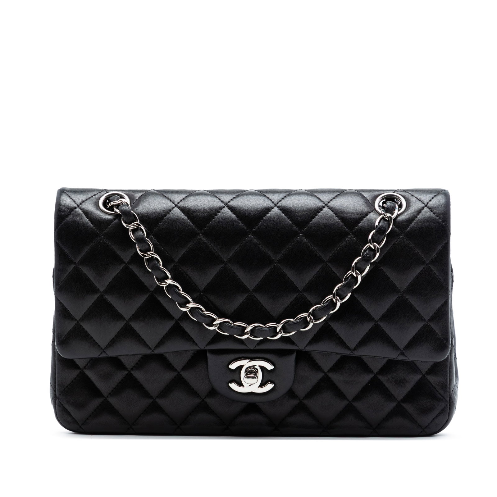 Chanel black lambskin medium classic flap shoulder bag: Chanel black lambskin medium classic flap shoulder bag This Chanel Medium Classic Double Flap shoulder bag is crafted from quilted black lambskin leather and features leather-woven chain straps. It is
