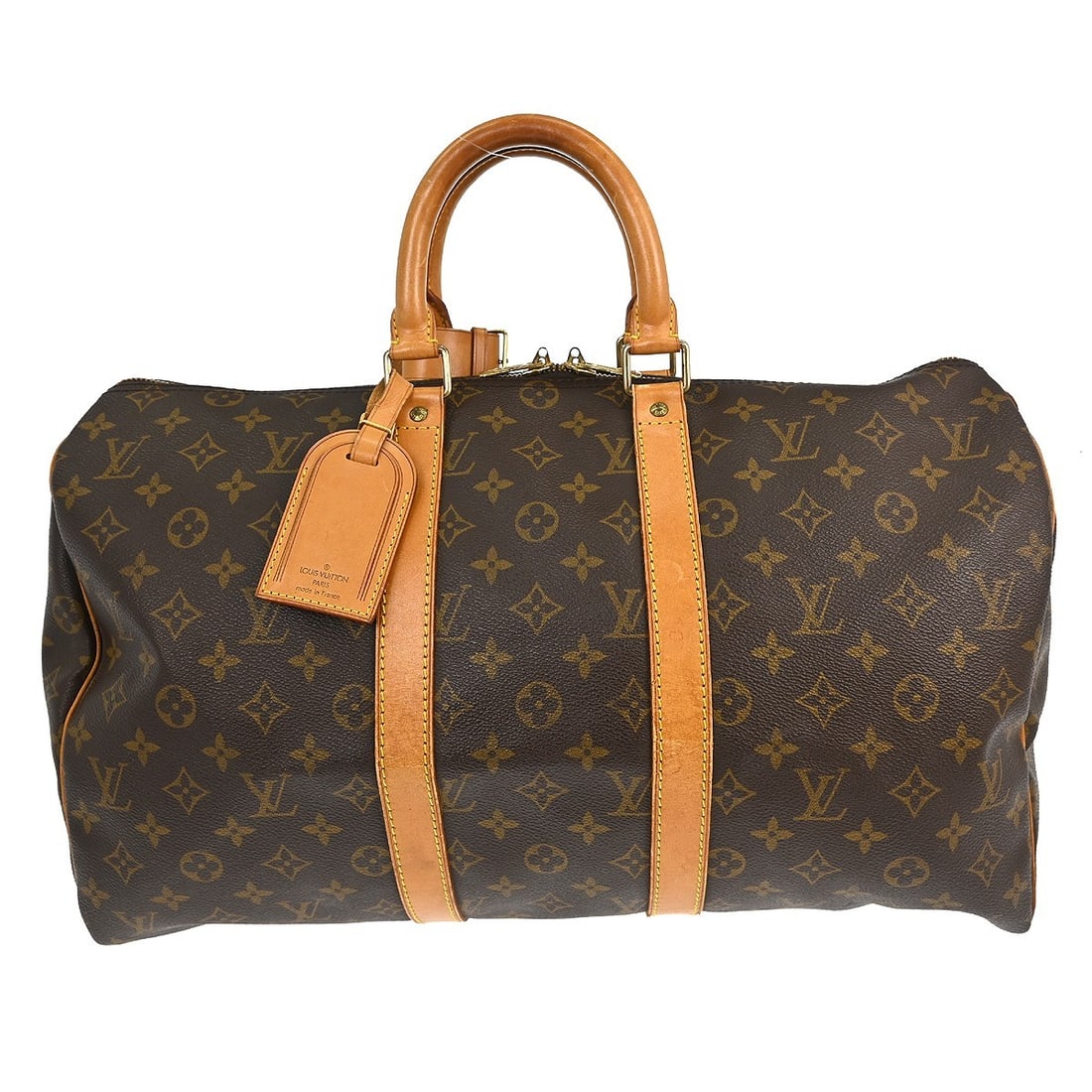Louis Vuitton Keepall Monogram Canvas Travel Bag: Louis Vuitton Keepall Monogram Canvas Travel Bag This Louis Vuitton Keepall Bag features the iconic monogram canvas in brown and is designed for unisex use. The bag shows notable signs of use, includi