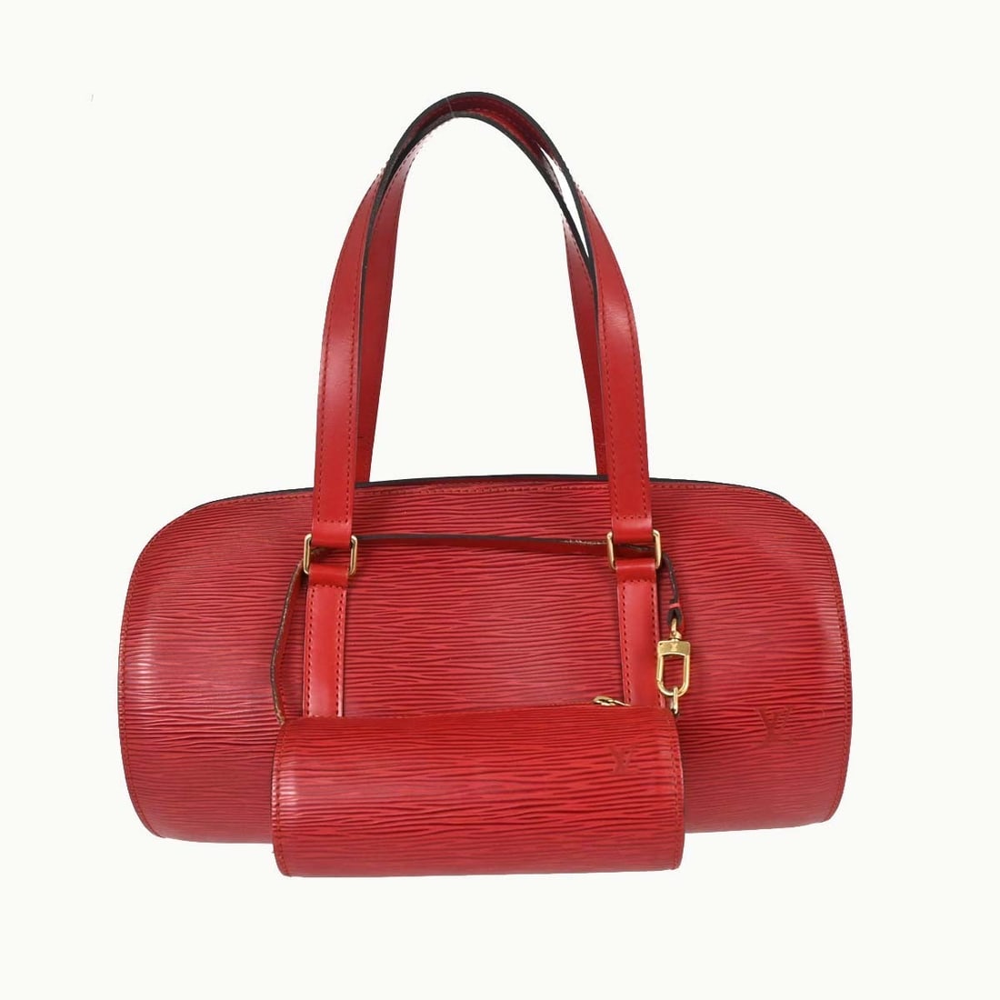 Louis Vuitton Soufflot Red Epi Leather Medium Handbag: Louis Vuitton Soufflot Red Epi Leather Medium Handbag This vintage Louis Vuitton Soufflot handbag features a striking red Epi leather exterior with black double handles and black lining. Designed in a