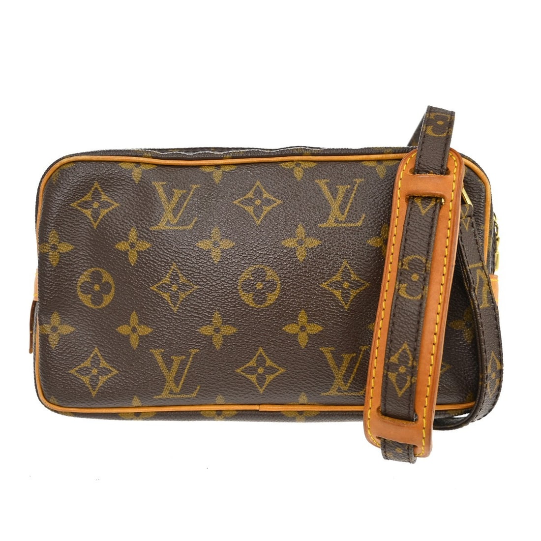 Louis Vuitton Marly Monogram Crossbody Bag M51828: Louis Vuitton Marly Monogram Crossbody Bag M51828 This vintage Louis Vuitton Marly Bandouliere shoulder bag features the signature Monogram pattern on brown leather, complemented by a brown canvas lin