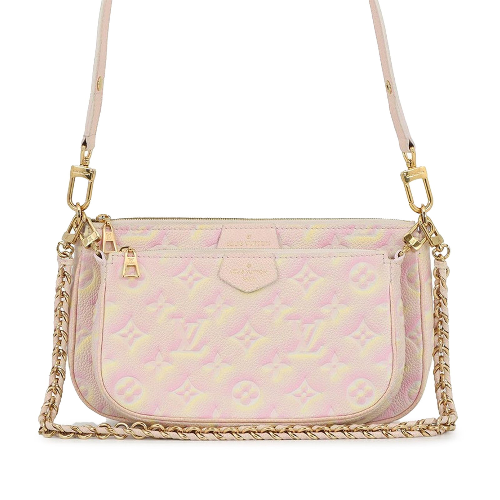 Louis Vuitton Multi Pochette Accessoires Monogram Empreinte Pink Leather: Louis Vuitton Multi Pochette Accessoires Monogram Empreinte Pink Leather This Louis Vuitton Monogram Empreinte Summer Stardust Multi Pochette Accessoires is crafted from embossed leather in a pink hue