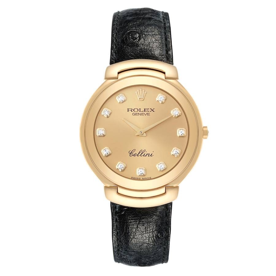 Rolex Cellini 6623 8 Champagne Diamond Dial Leather Papers 1998: Rolex Cellini 6623 8 Champagne Diamond Dial Leather Papers 1998 This Rolex Cellini watch features a champagne diamond factory dial, complemented by a smooth bezel and a leather bracelet. The timepiece