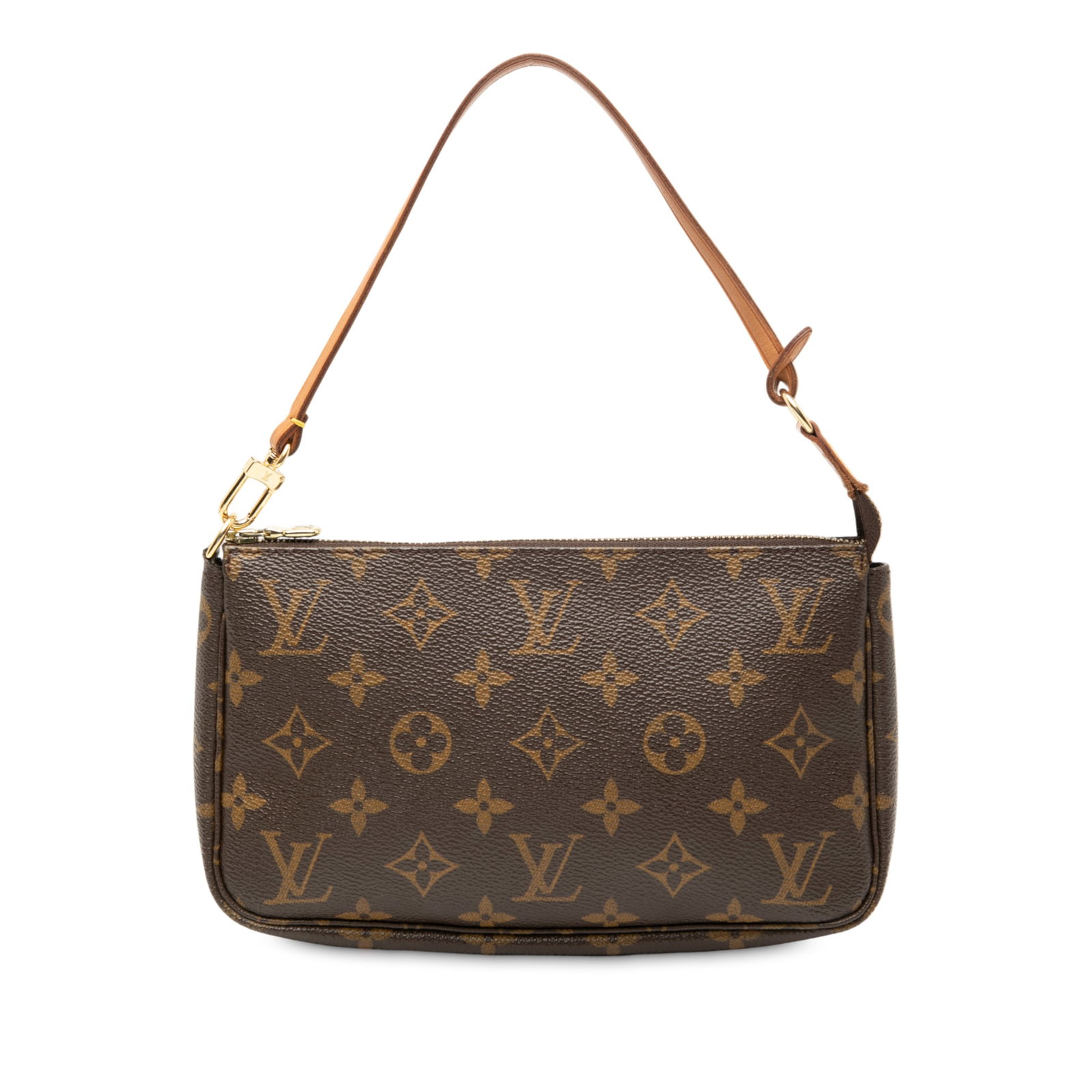 Louis Vuitton monogram canvas zip pouch with vachetta handle: Louis Vuitton monogram canvas zip pouch with vachetta handle This Louis Vuitton Monogram Pochette Accessoires features the signature monogram canvas body, complemented by a flat vachetta leather handl