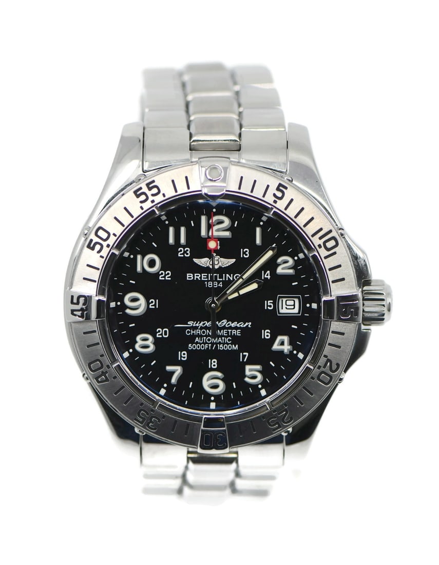 Breitling Superocean A17360 Stainless Steel Luxury Watch 42mm: Breitling Superocean A17360 Stainless Steel Luxury Watch 42mm Discover the elegance of the Breitling Superocean Stainless Steel Watch, model A17360. This luxury wristwatch features a striking black di