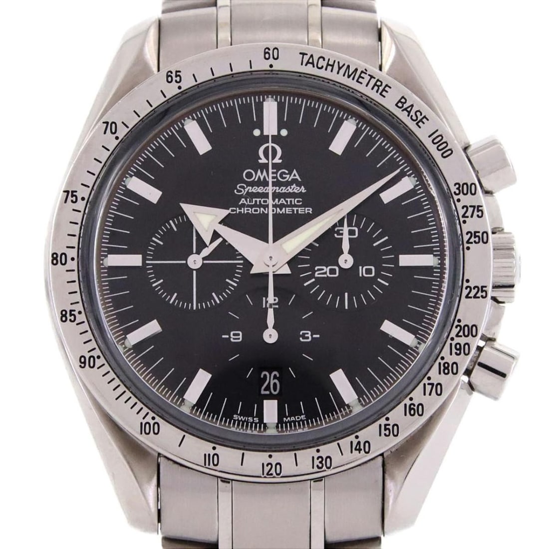 Omega Broad Arrow Speedmaster Automatic Men's SS Wristwatch: Omega Broad Arrow Speedmaster Automatic Men's SS Wristwatch This is an OMEGA Speedmaster Broad Arrow 3551.50 automatic wristwatch designed for men. Crafted in Switzerland, this pre-owned timepiece fea