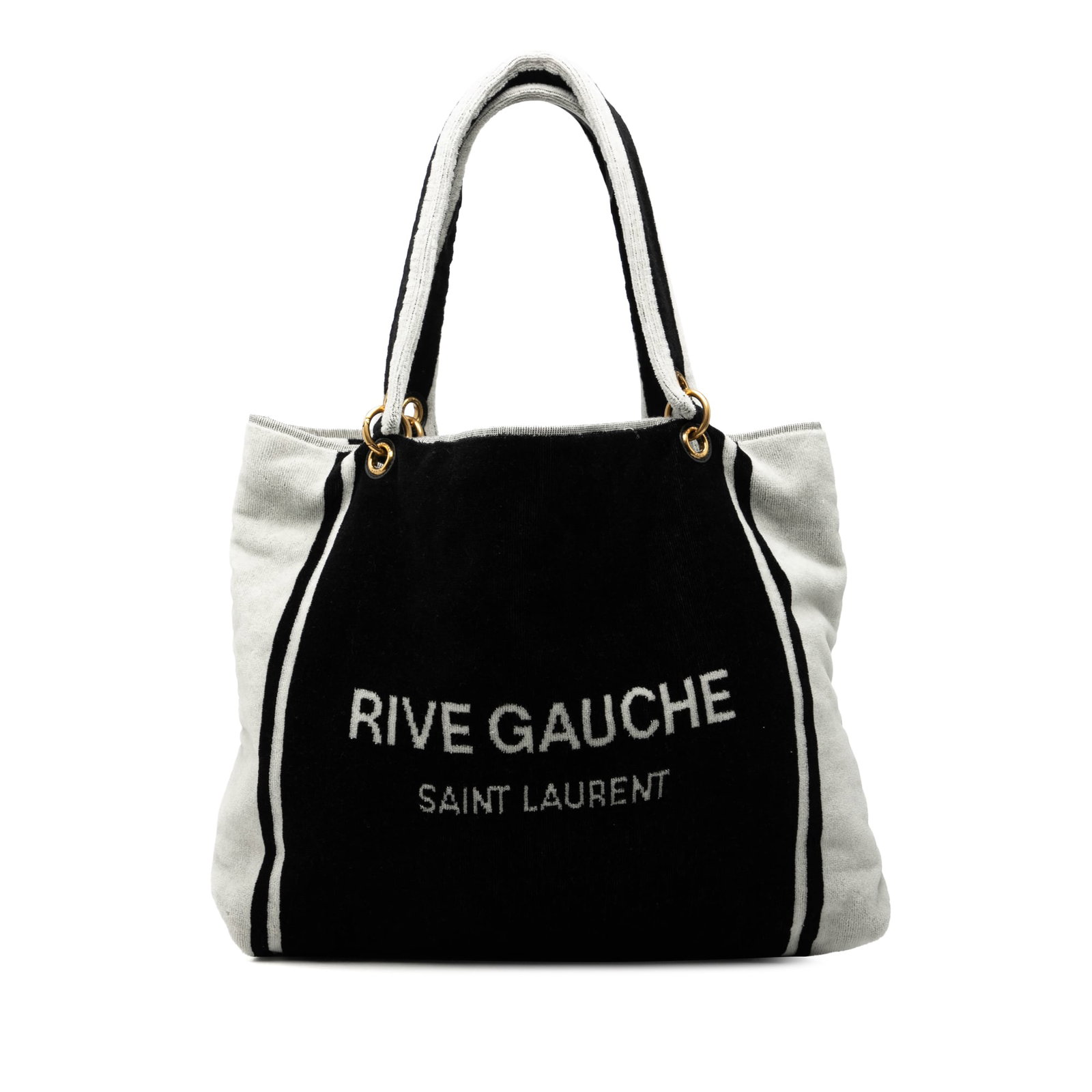 Saint Laurent Rive Gauche Black Cotton Tote Bag: Saint Laurent Rive Gauche Black Cotton Tote Bag This Saint Laurent tote bag features a black cotton terry cloth body with flat handles and an open top design. It is crafted in Italy and offers a spaci