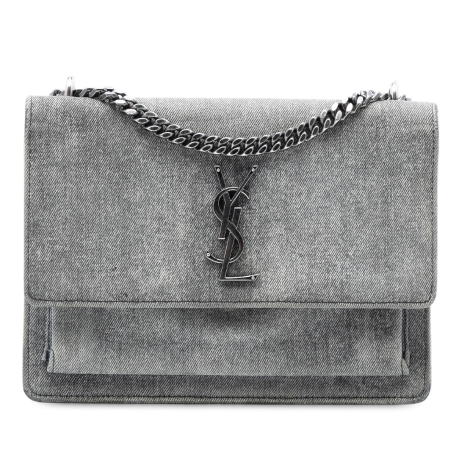Denim Medium Monogram Sunset Chain Shoulder Bag by Saint Laurent: Denim Medium Monogram Sunset Chain Shoulder Bag by Saint Laurent This Saint Laurent Medium Denim Monogram Sunset Crossbody features a gray denim body with a chain link shoulder strap and denim guard. 