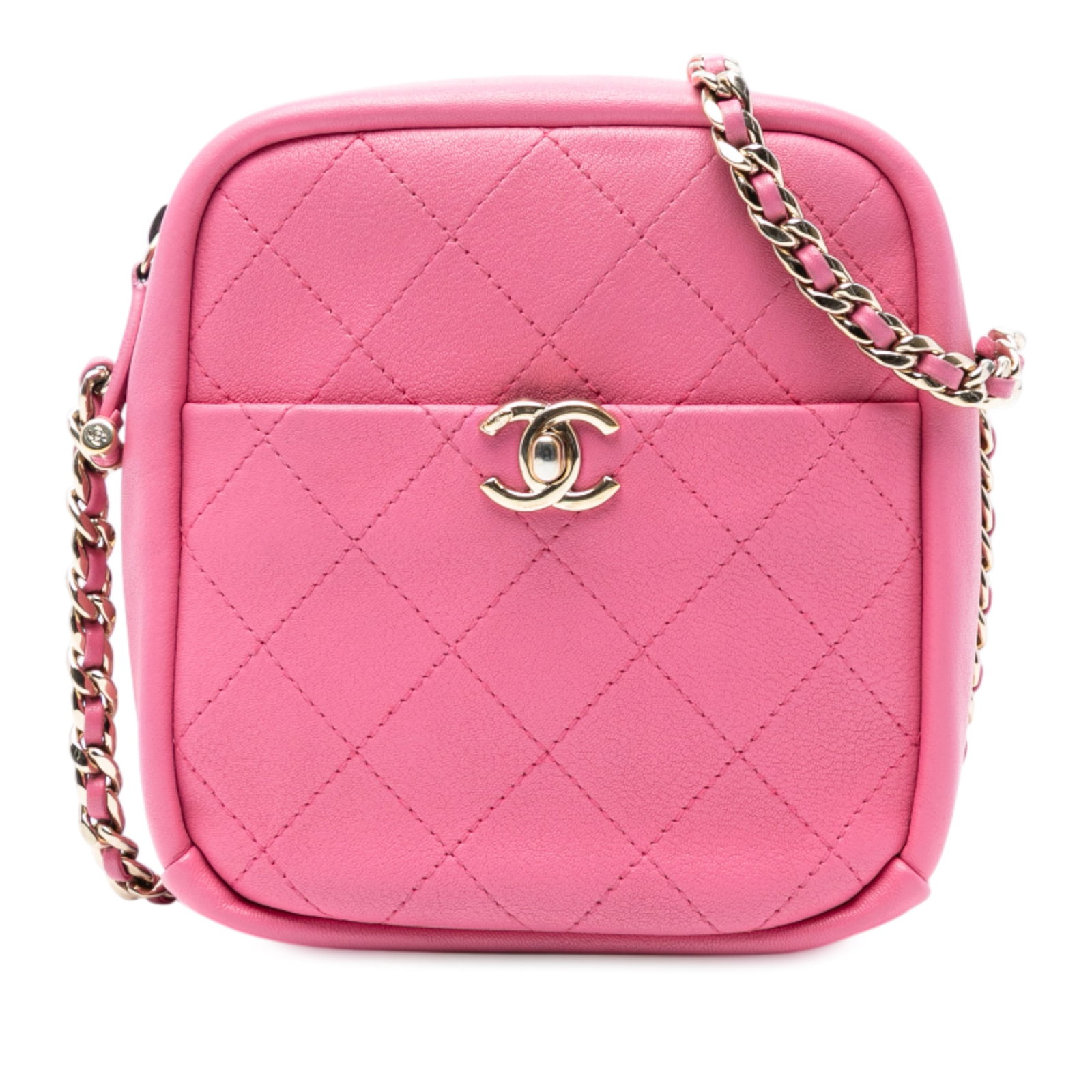 Chanel Pink Stitched Goatskin Casual Trip Camera Case: Chanel Pink Stitched Goatskin Casual Trip Camera Case Elevate your accessory collection with this chic Chanel Stitched Goatskin Casual Trip North South Camera Case. Crafted from exquisite quilted goat